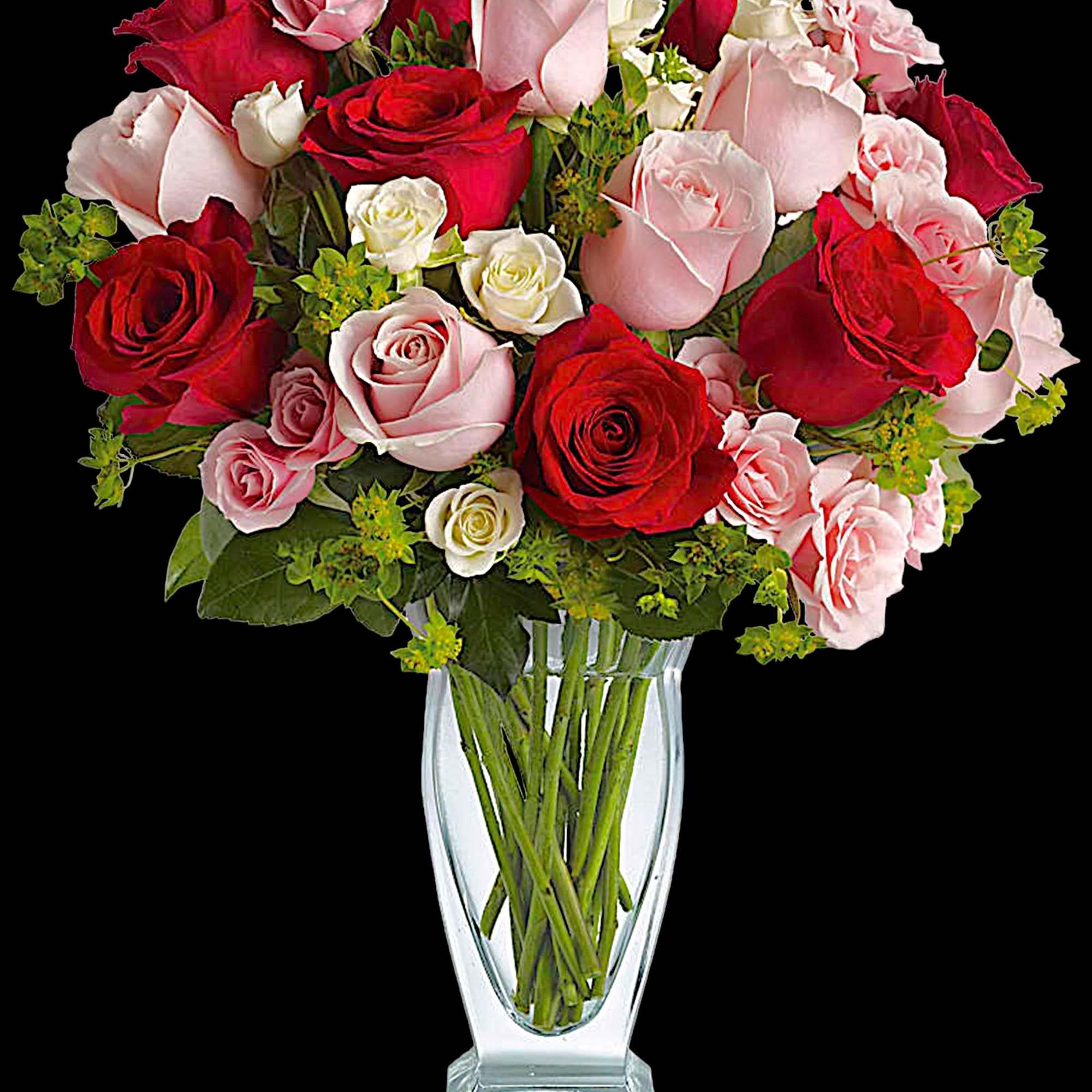 Bouquet of red, pink, and white roses in a clear glass vase, photo 6 of 7