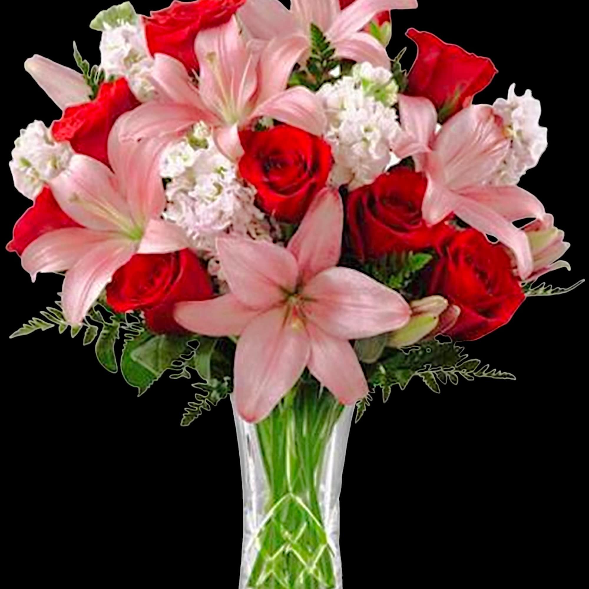 Bouquet of red roses and pink lilies in a clear glass vase, photo 3 of 4