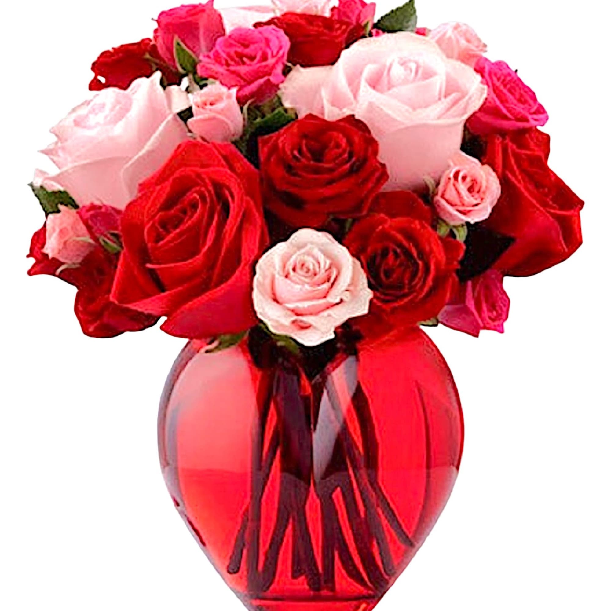 Bouquet of red and pink roses in a red glass vase