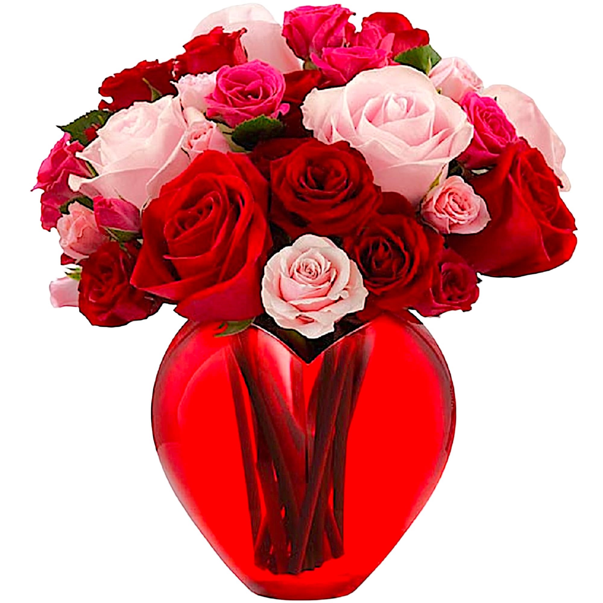 Red and pink roses arranged in a red heart-shaped vase