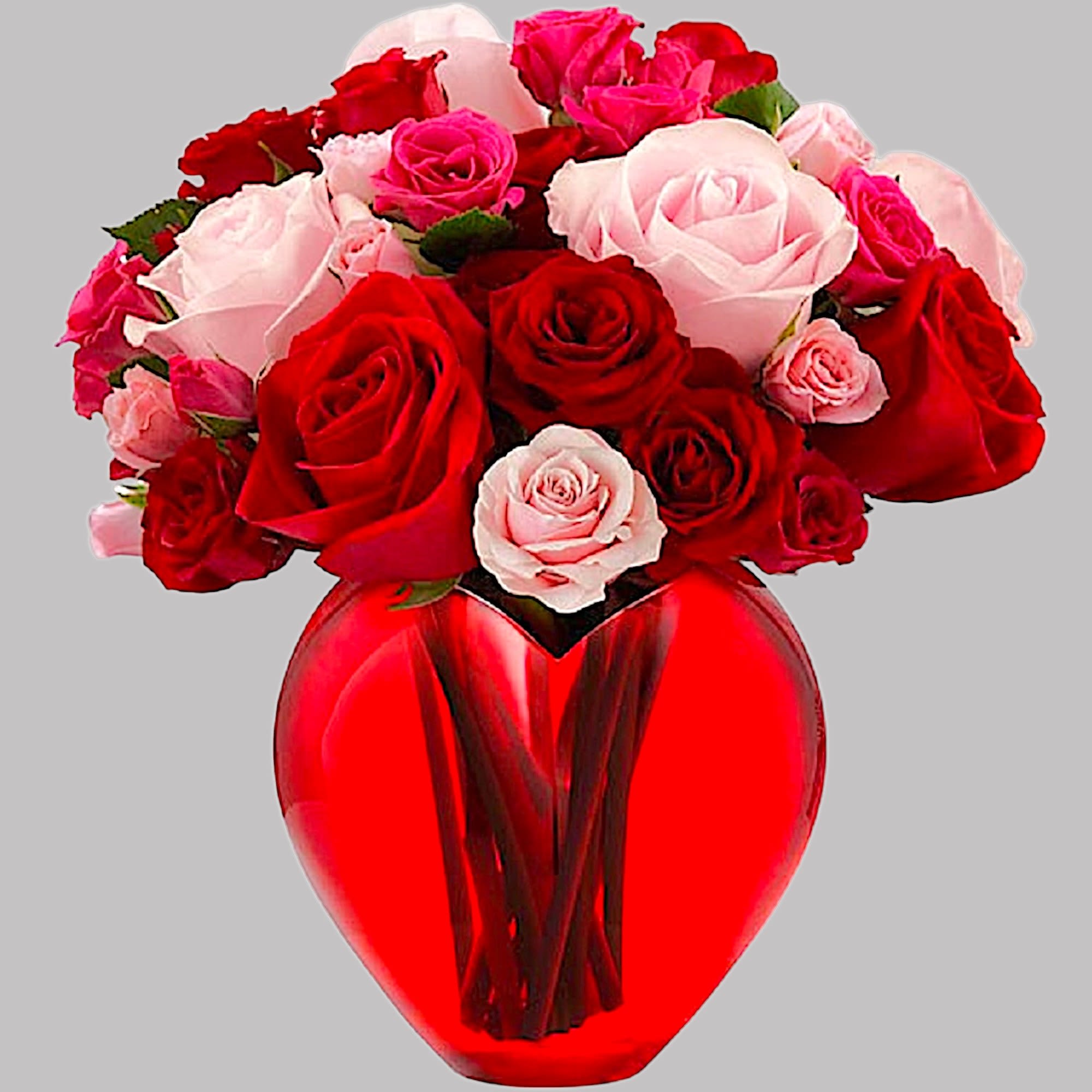 Bouquet of red and pink roses in a red glass vase, photo 5 of 5