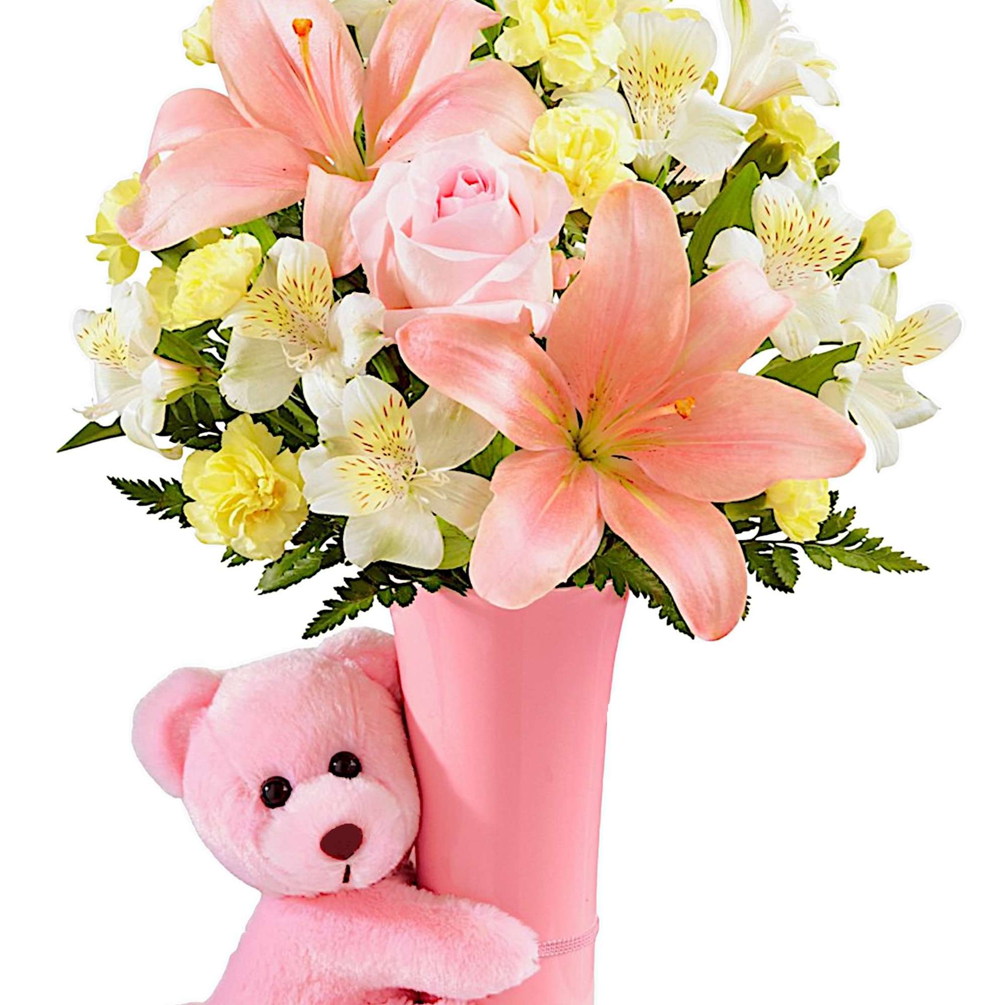 Pink and white flower bouquet in a pink vase with a pink teddy bear