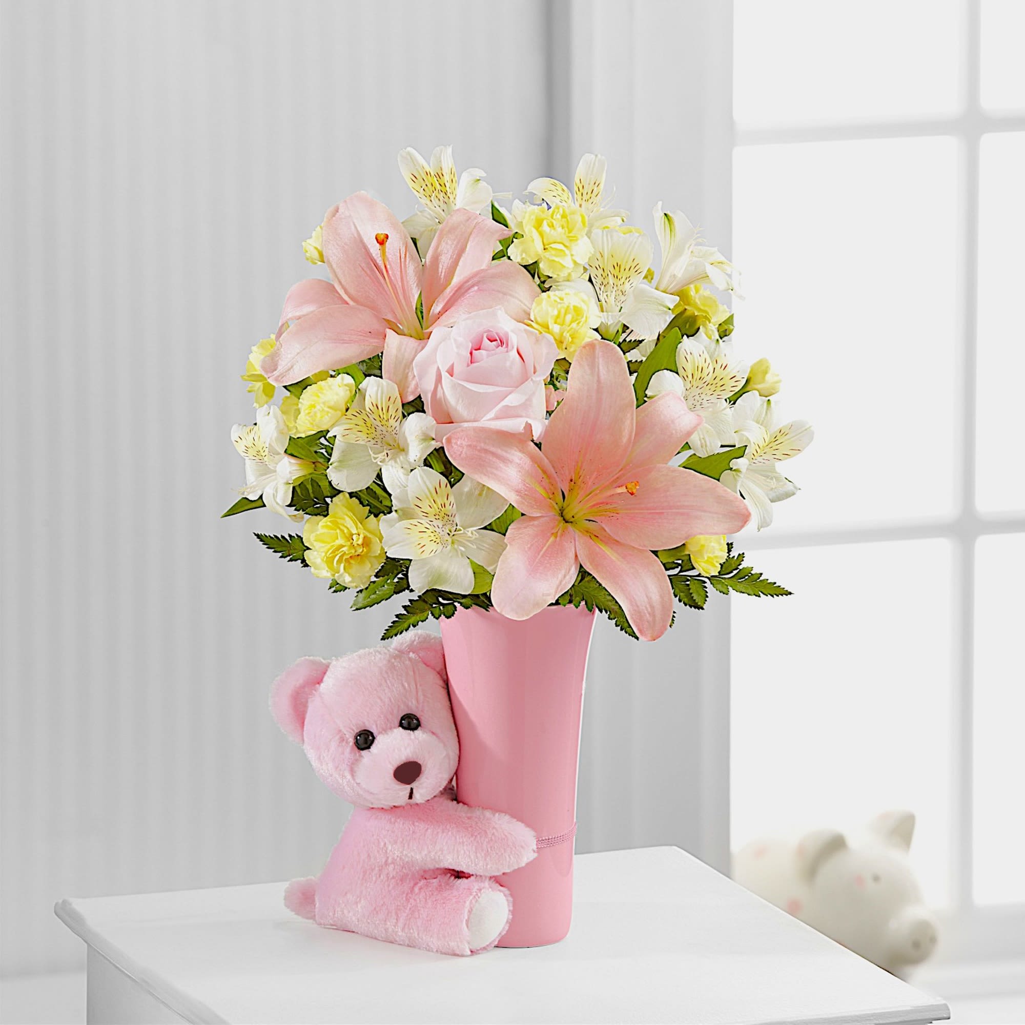 Pink and white flower arrangement in a pink vase with a teddy bear, photo 2 of 5