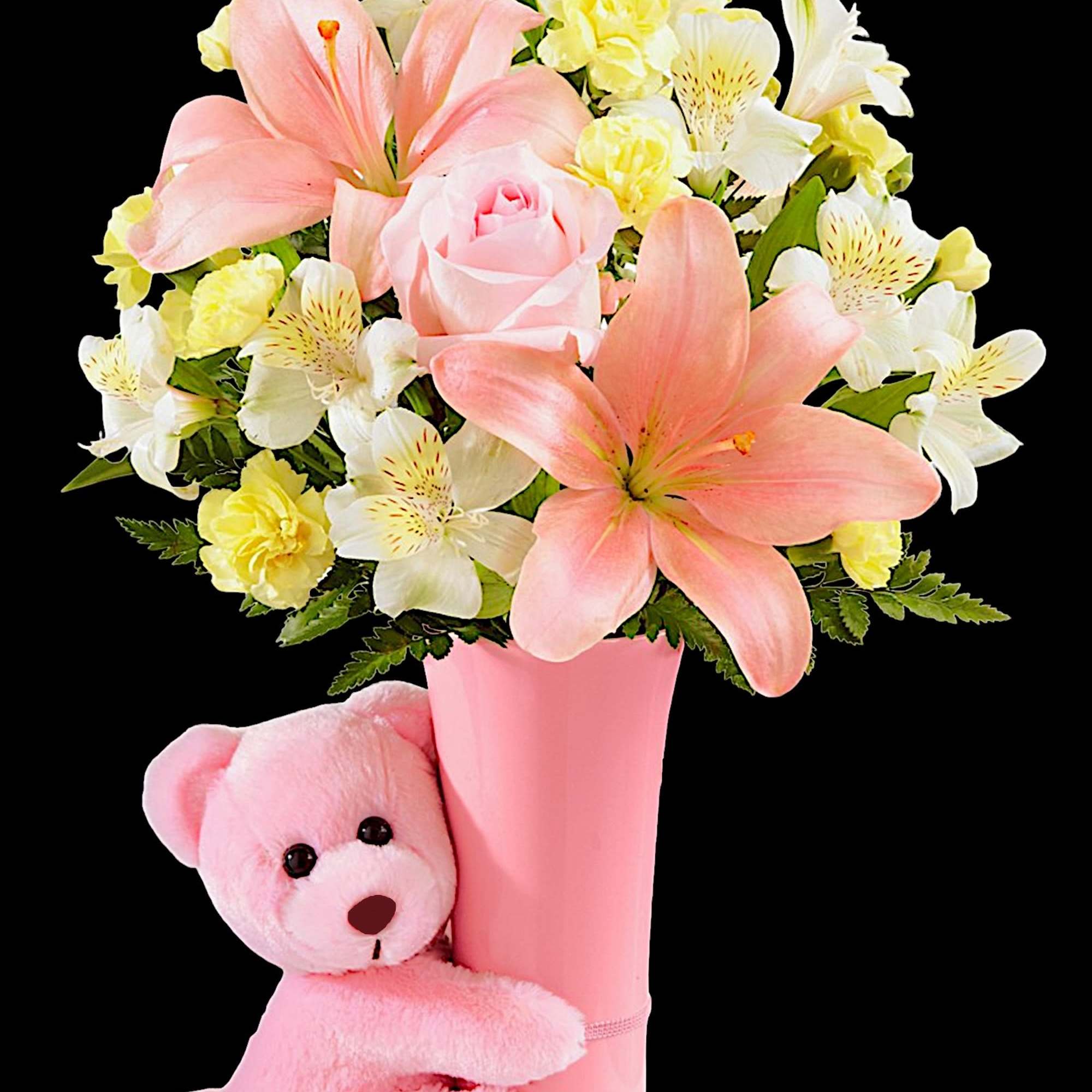 Pink and white flower arrangement in a pink vase with a teddy bear, photo 4 of 5
