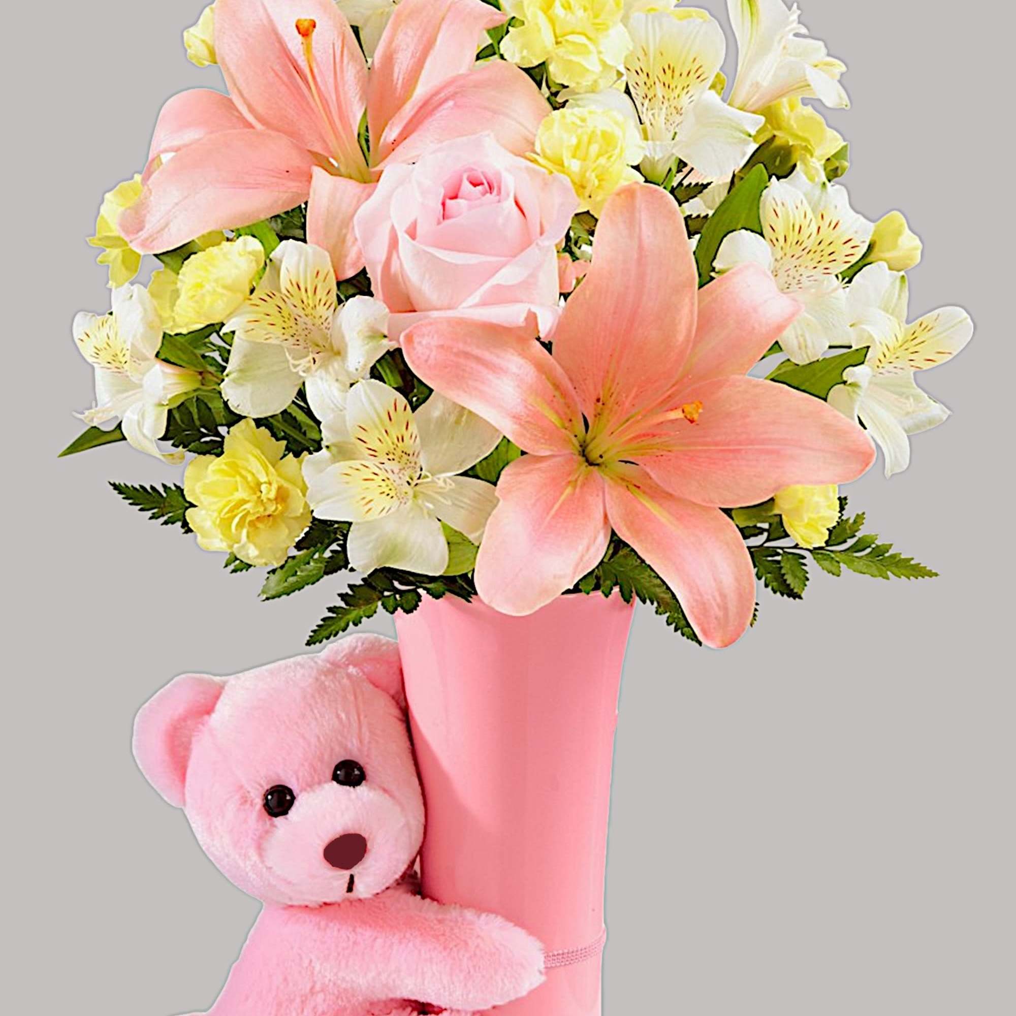Pink and white flower arrangement in a pink vase with a teddy bear, photo 5 of 5