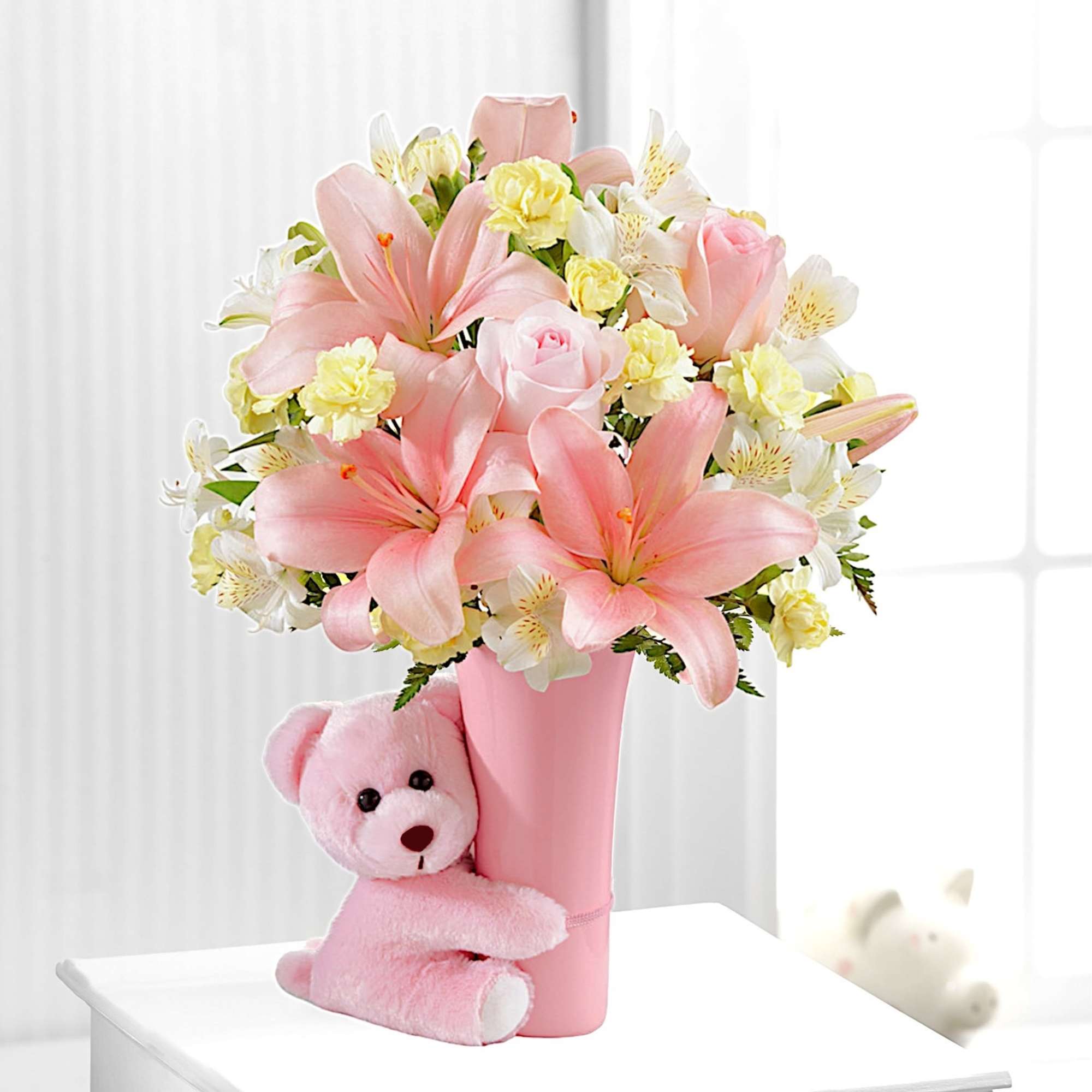 Pink lilies and roses in a pink vase with a teddy bear, photo 2 of 5