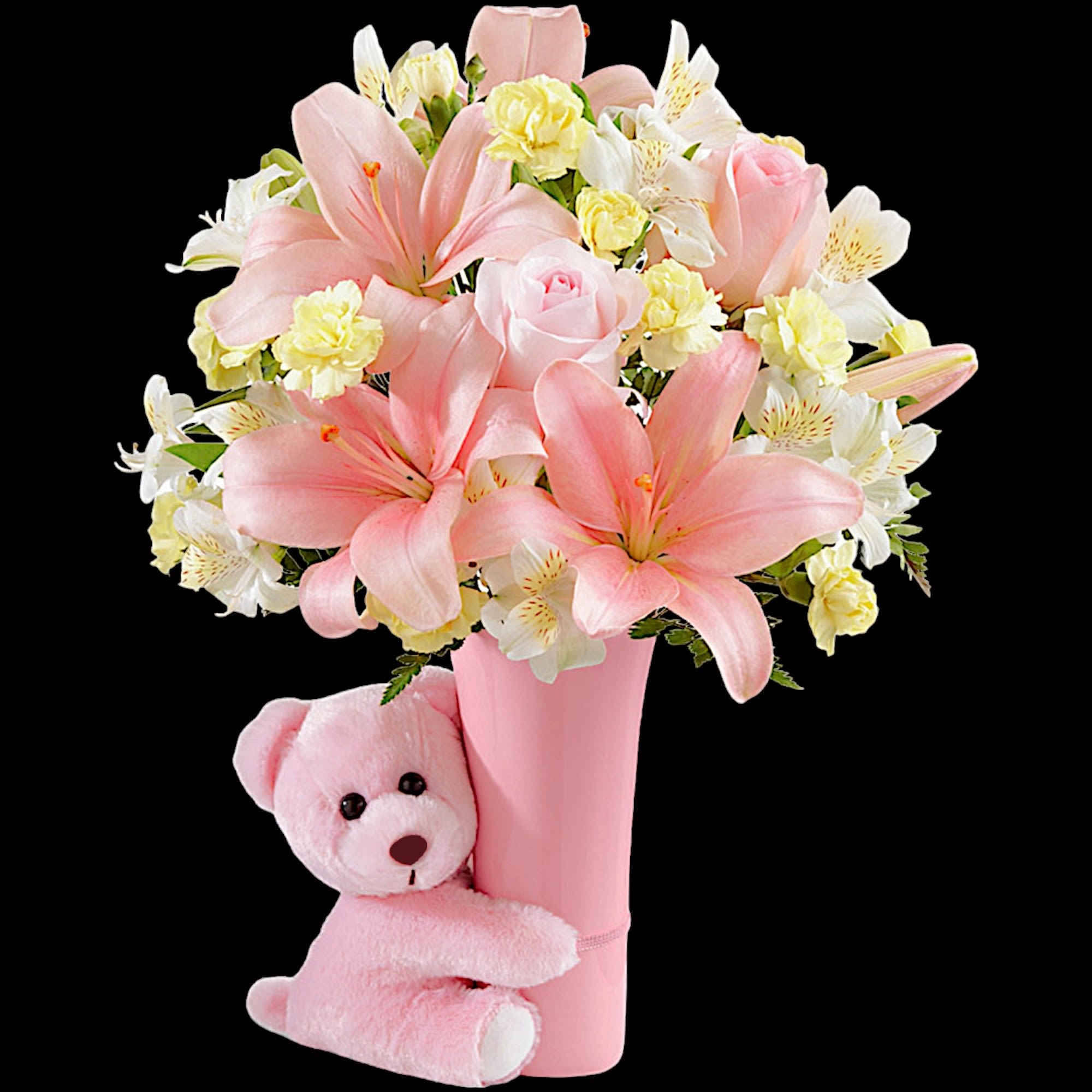 Pink lilies and roses in a pink vase with a teddy bear, photo 4 of 5