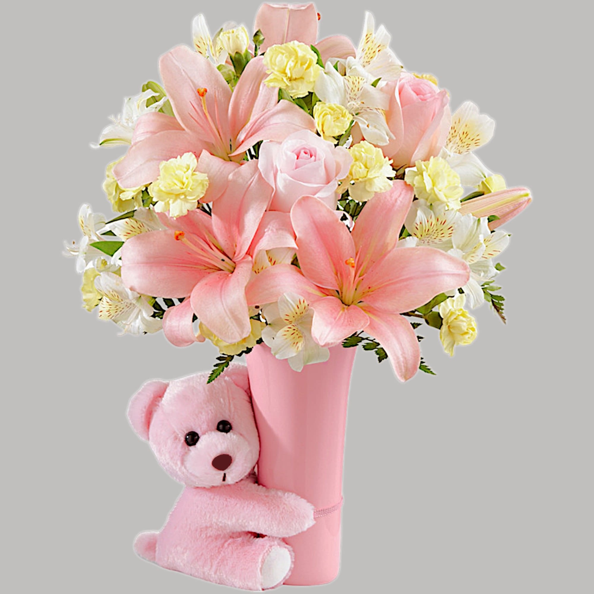 Pink lilies and roses in a pink vase with a teddy bear, photo 5 of 5