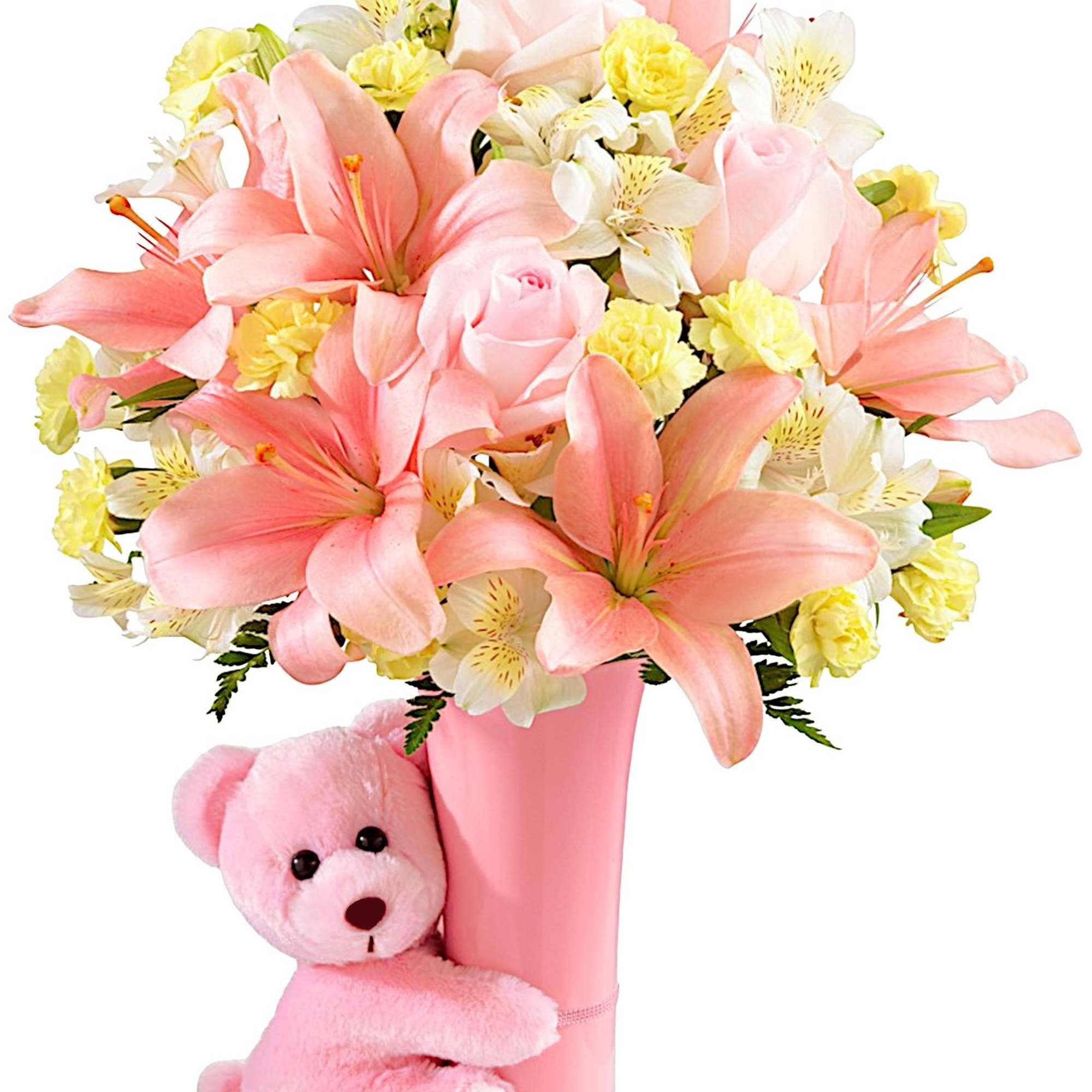 Pink and white flower bouquet in a pink vase with a teddy bear