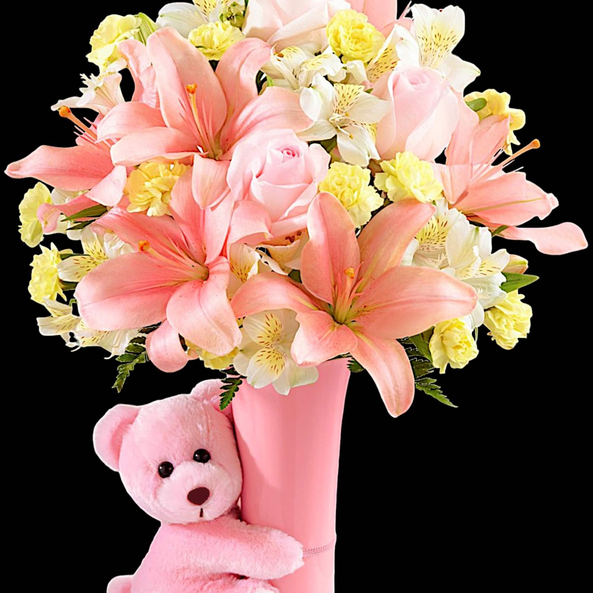 Pink lilies and roses in a pink vase with a teddy bear