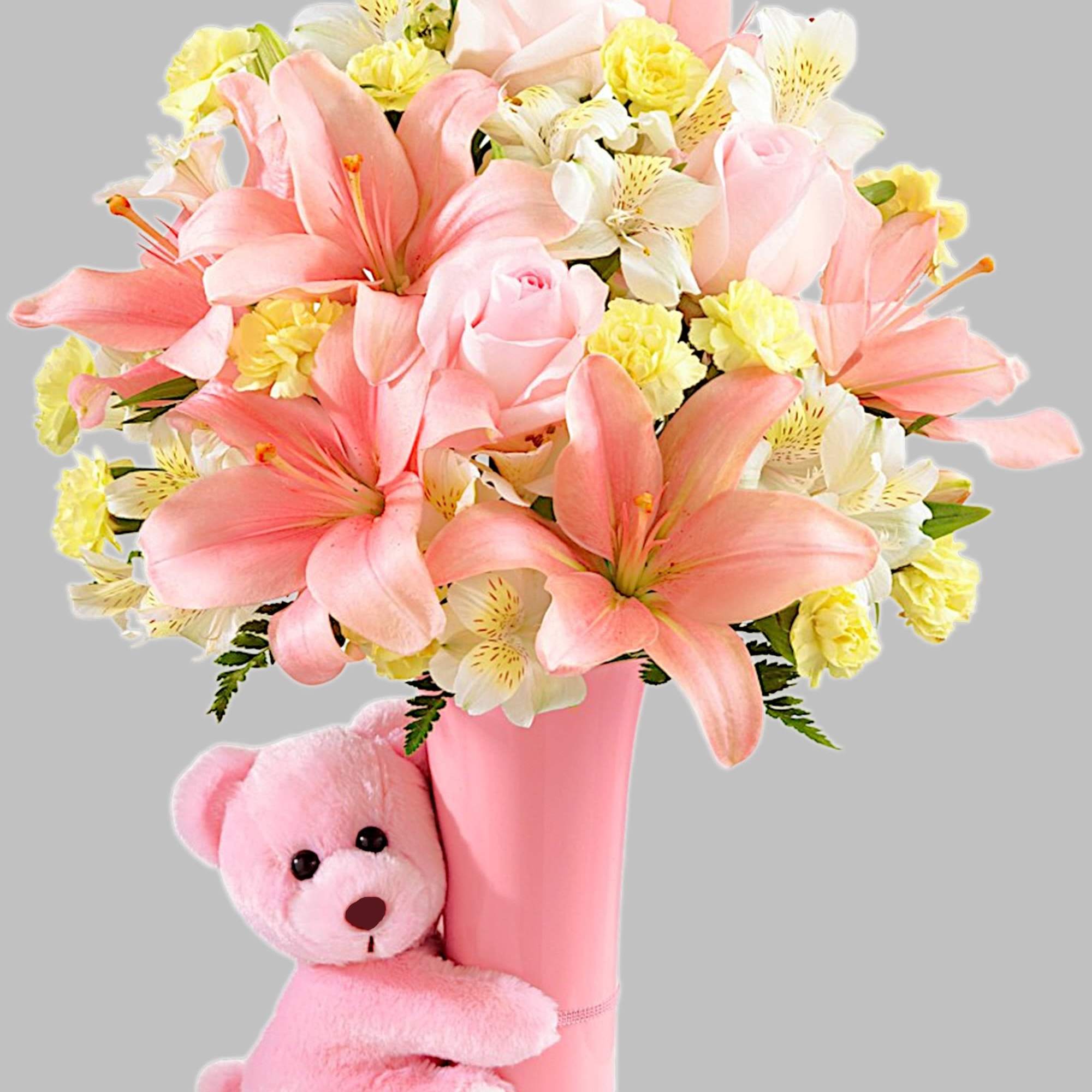 Pink and white flower bouquet in a pink vase with a teddy bear, photo 5 of 5