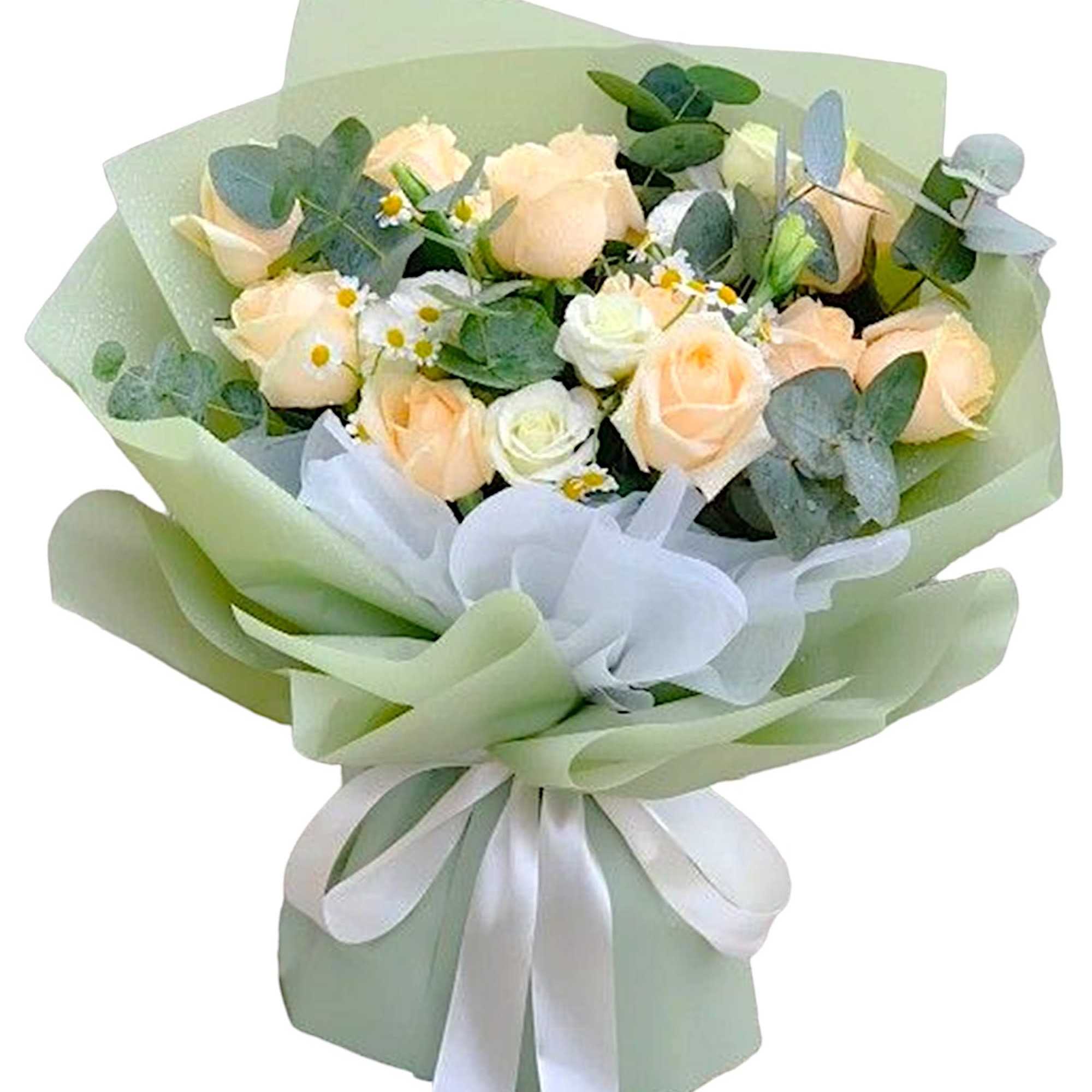 Bouquet of pale peach roses with small white daisies and eucalyptus in green wrap