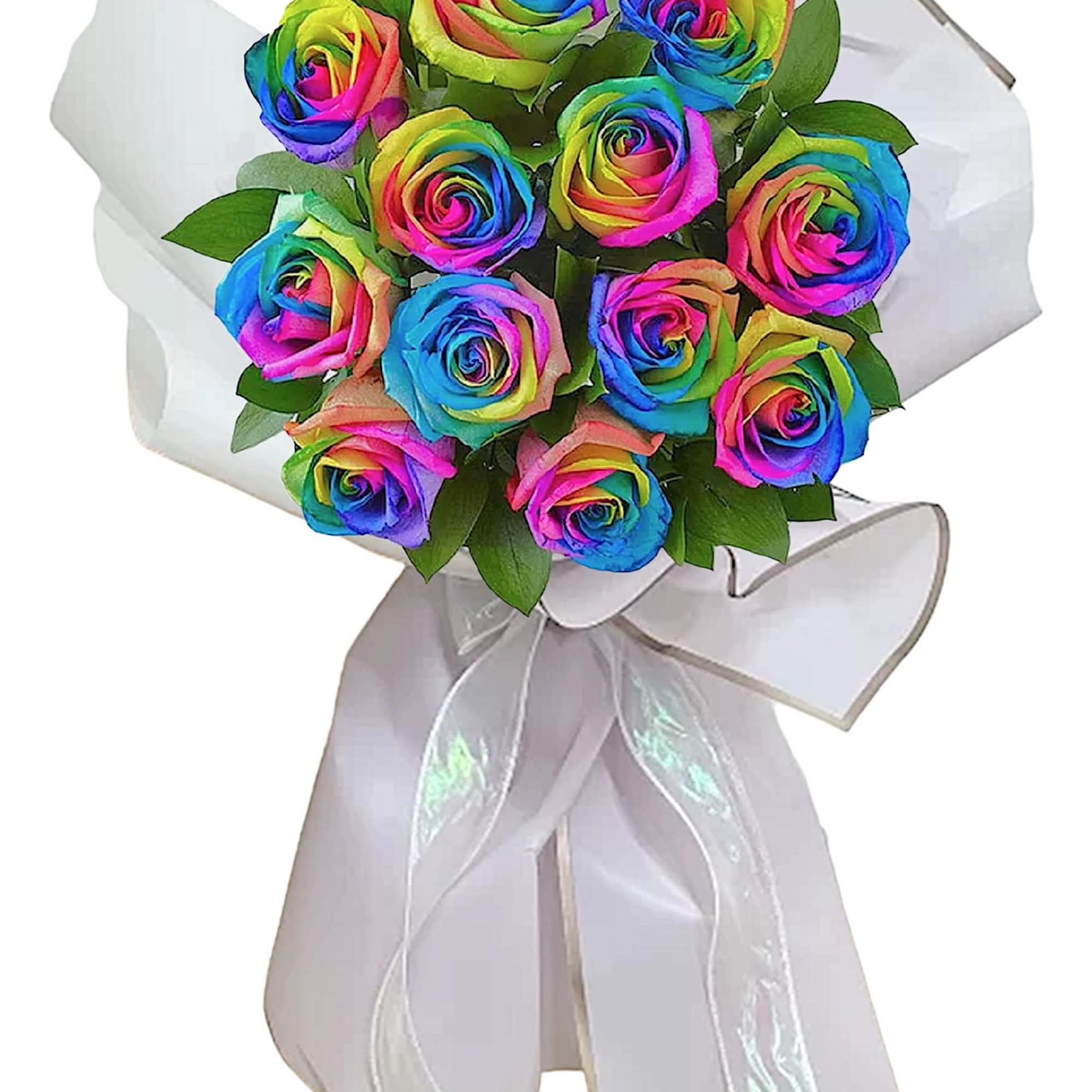 Bouquet of rainbow-colored roses wrapped in white paper with a ribbon