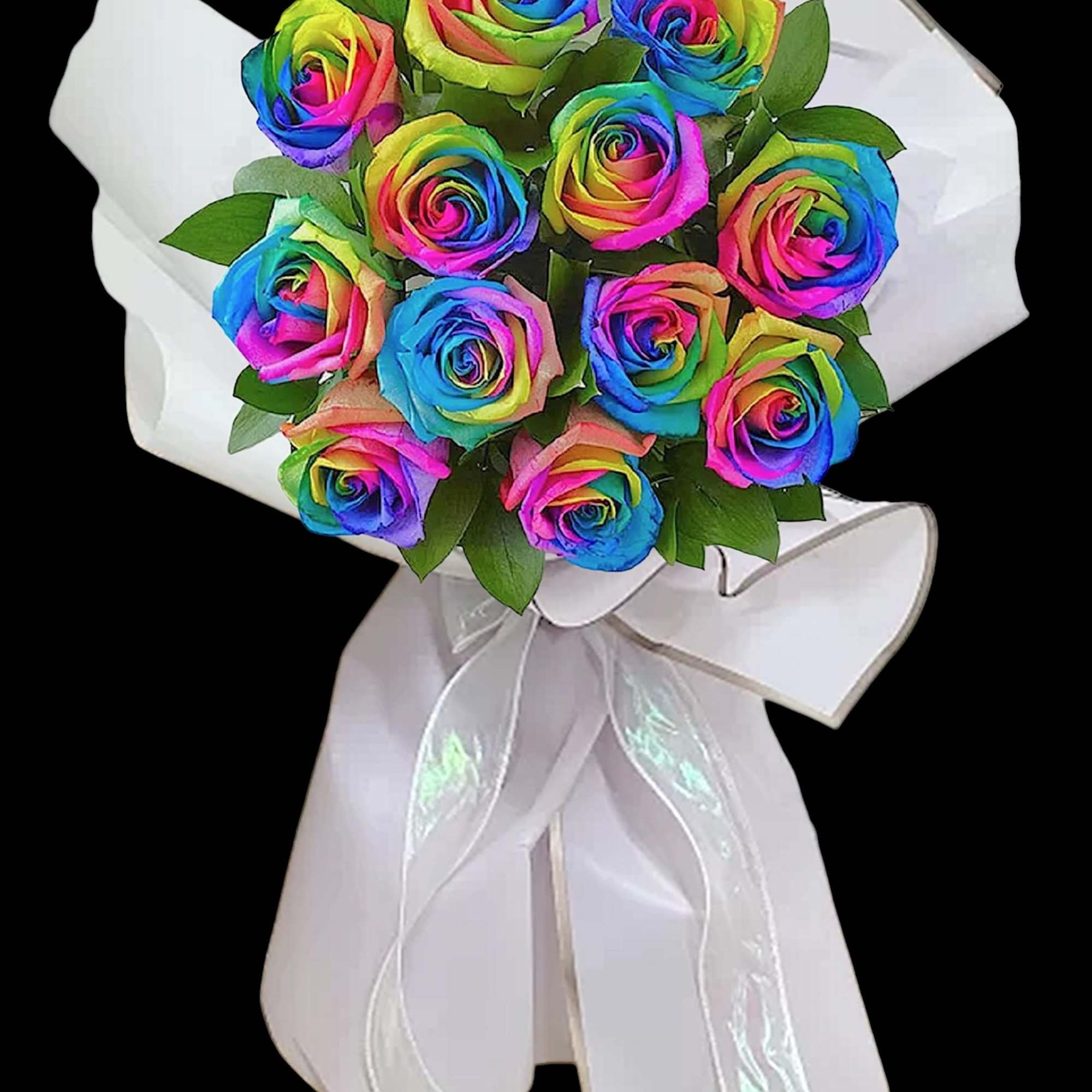 Bouquet of rainbow-colored roses wrapped in white paper with a ribbon, photo 3 of 4