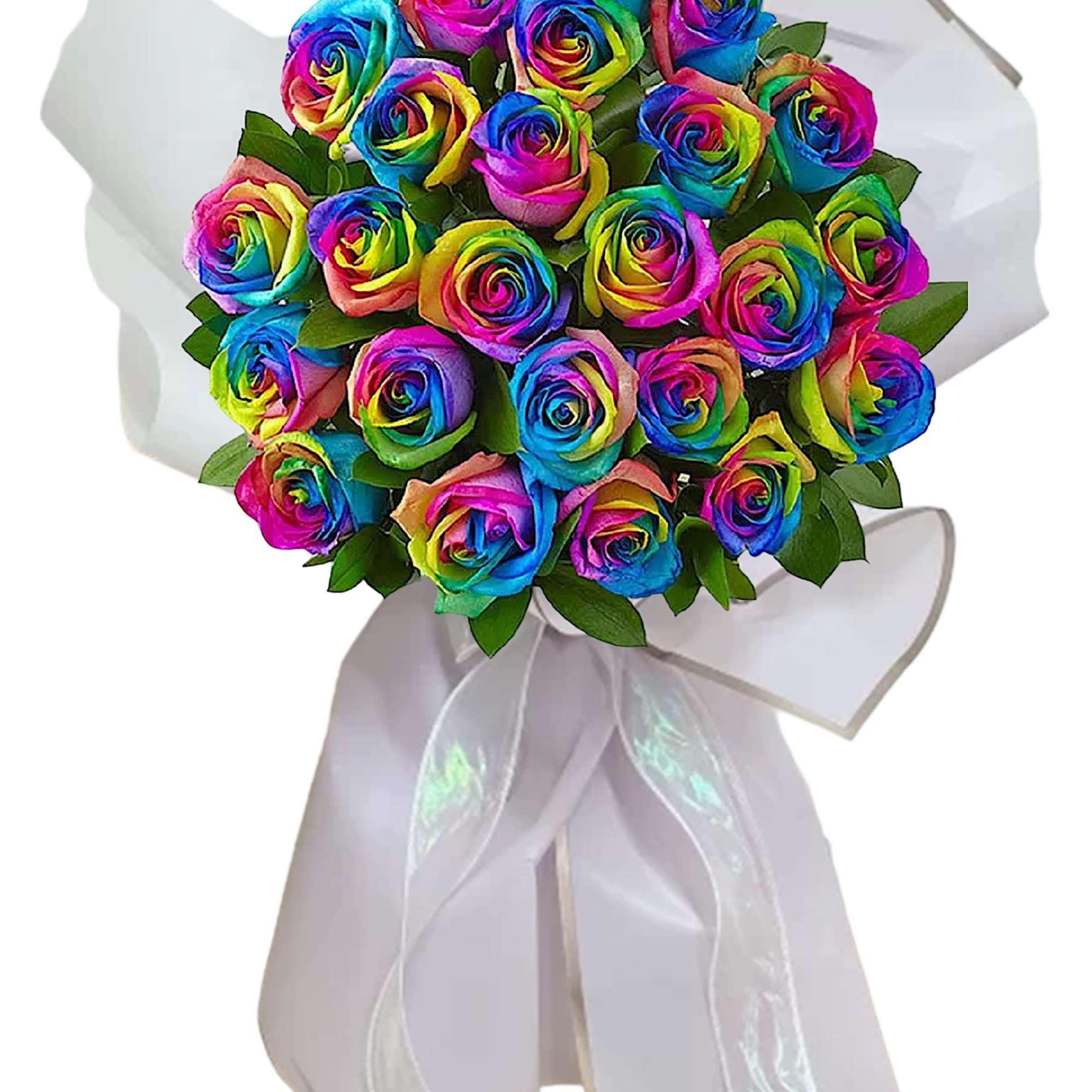 Bouquet of rainbow-colored roses wrapped in white paper with a ribbon