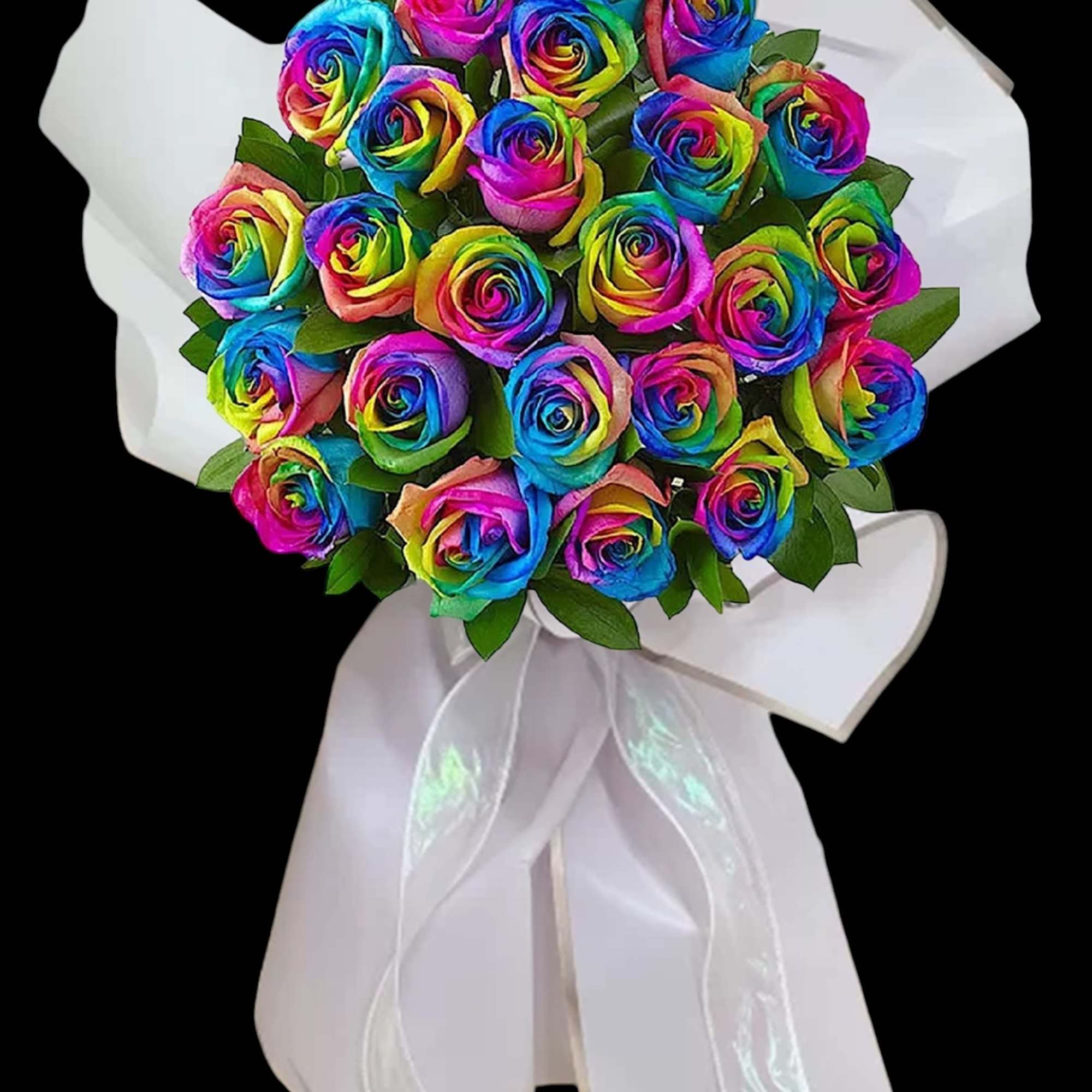 Rainbow bouquet of roses wrapped in white paper with a ribbon