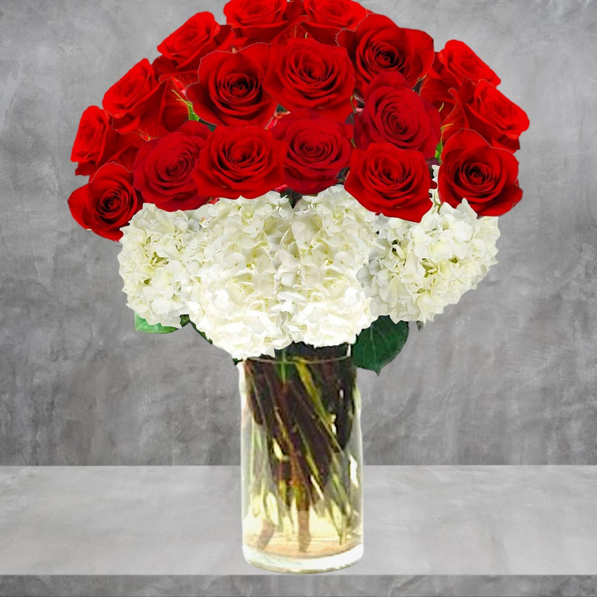 Red roses and white hydrangeas in a clear glass vase