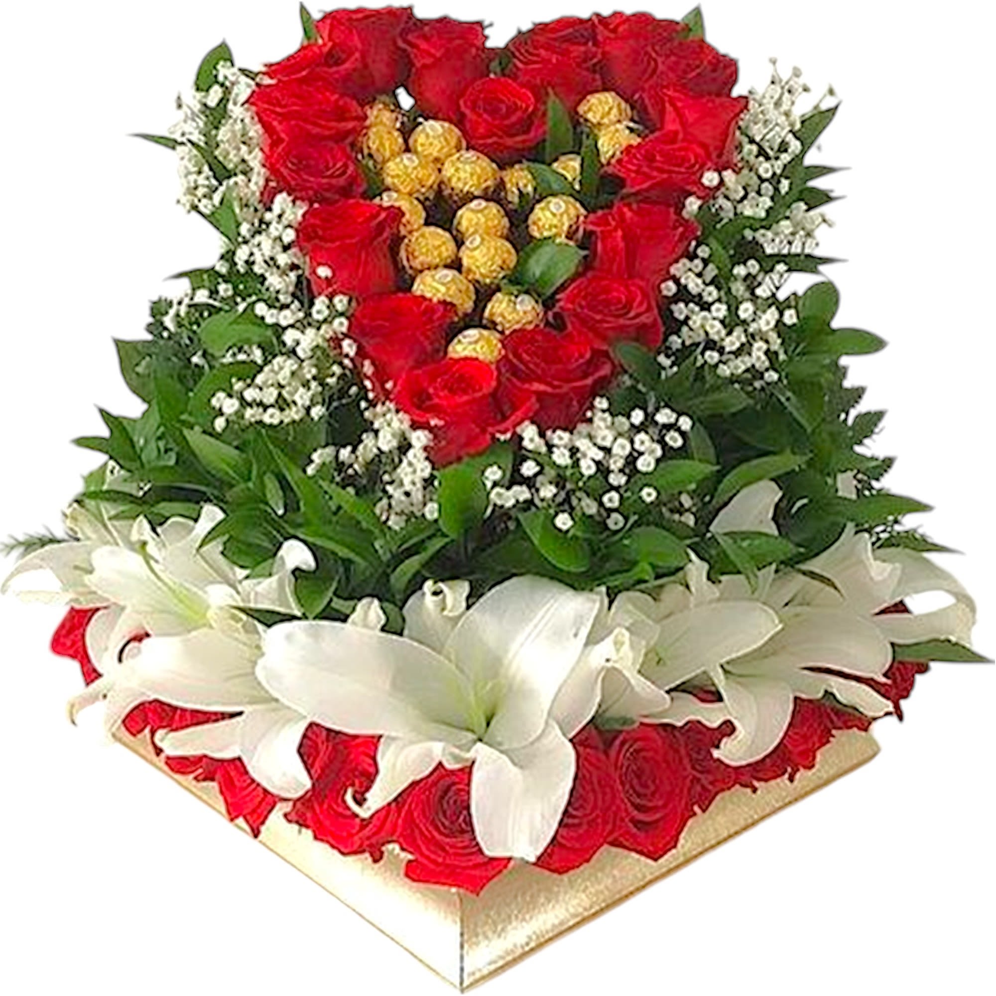 Heart-shaped rose arrangement with white lilies and gold chocolates