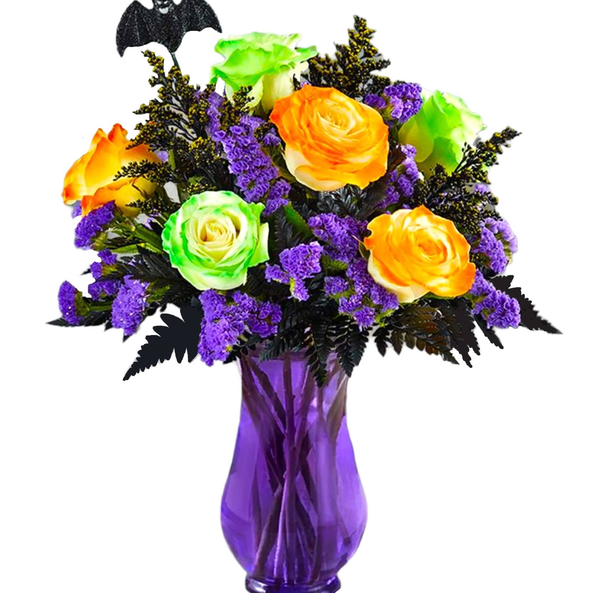 Bouquet of orange and green roses in a purple vase