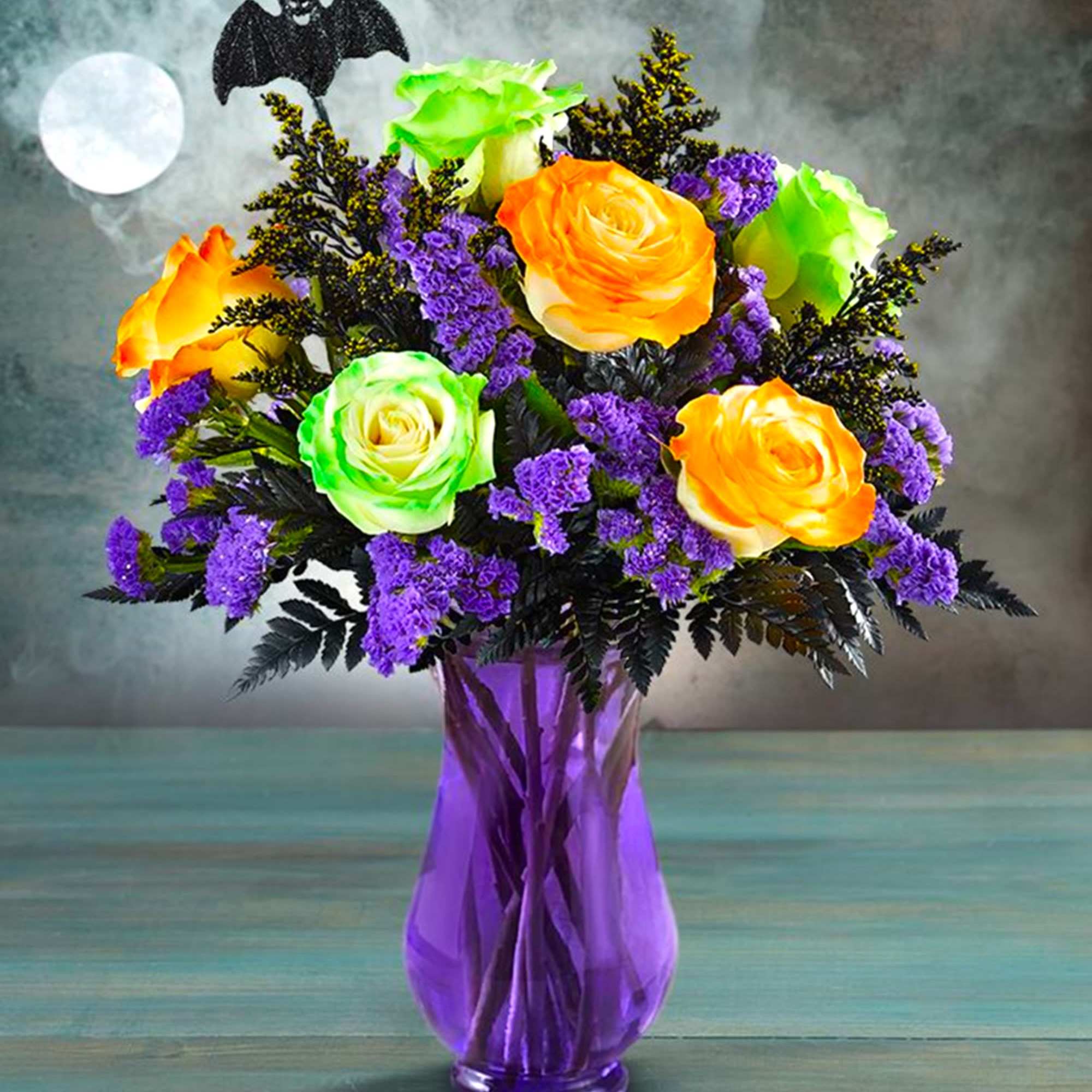 Bouquet of orange and green roses in a purple vase, photo 2 of 5