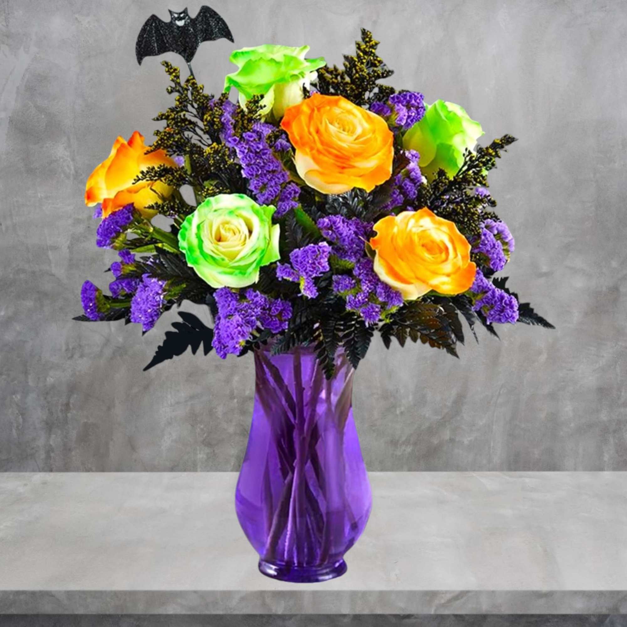 Bouquet of orange and green roses in a purple glass vase, photo 3 of 5