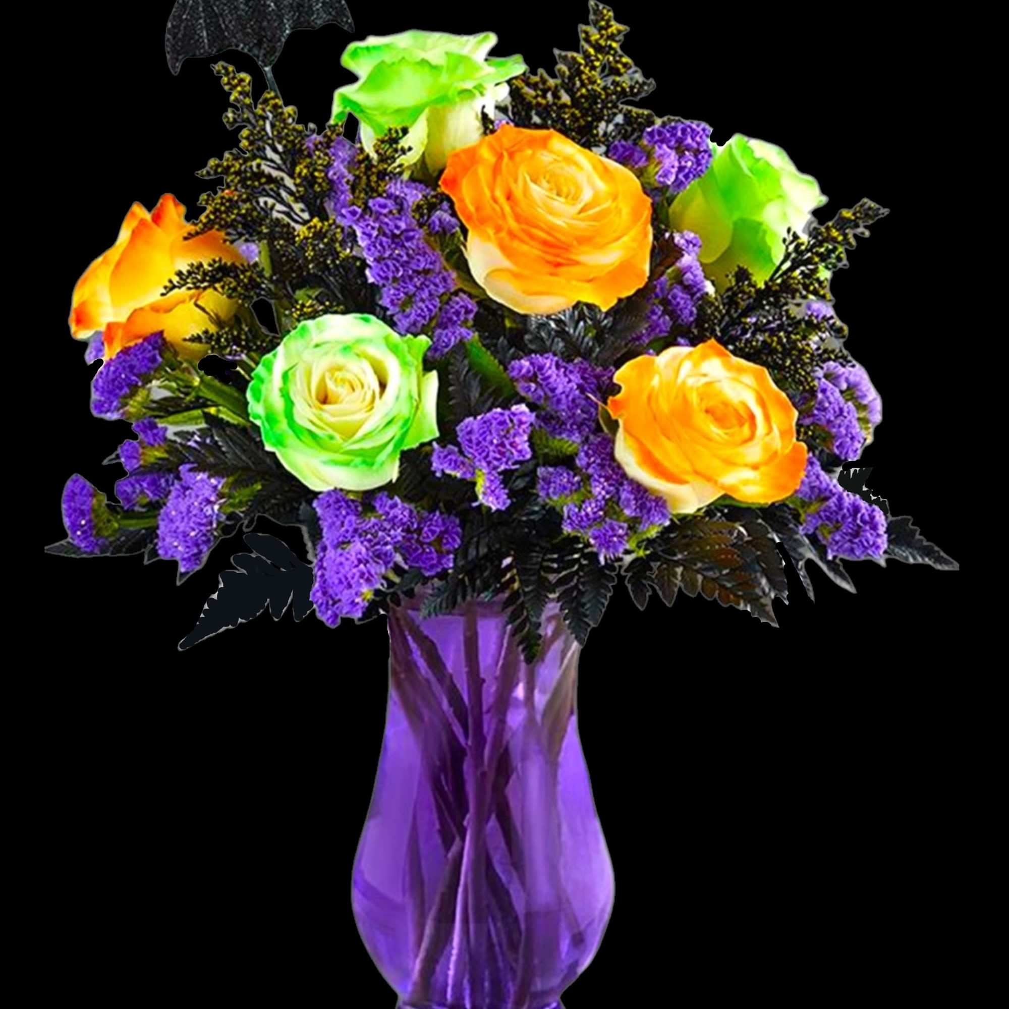 Bouquet of orange and green roses in a purple glass vase, photo 4 of 5
