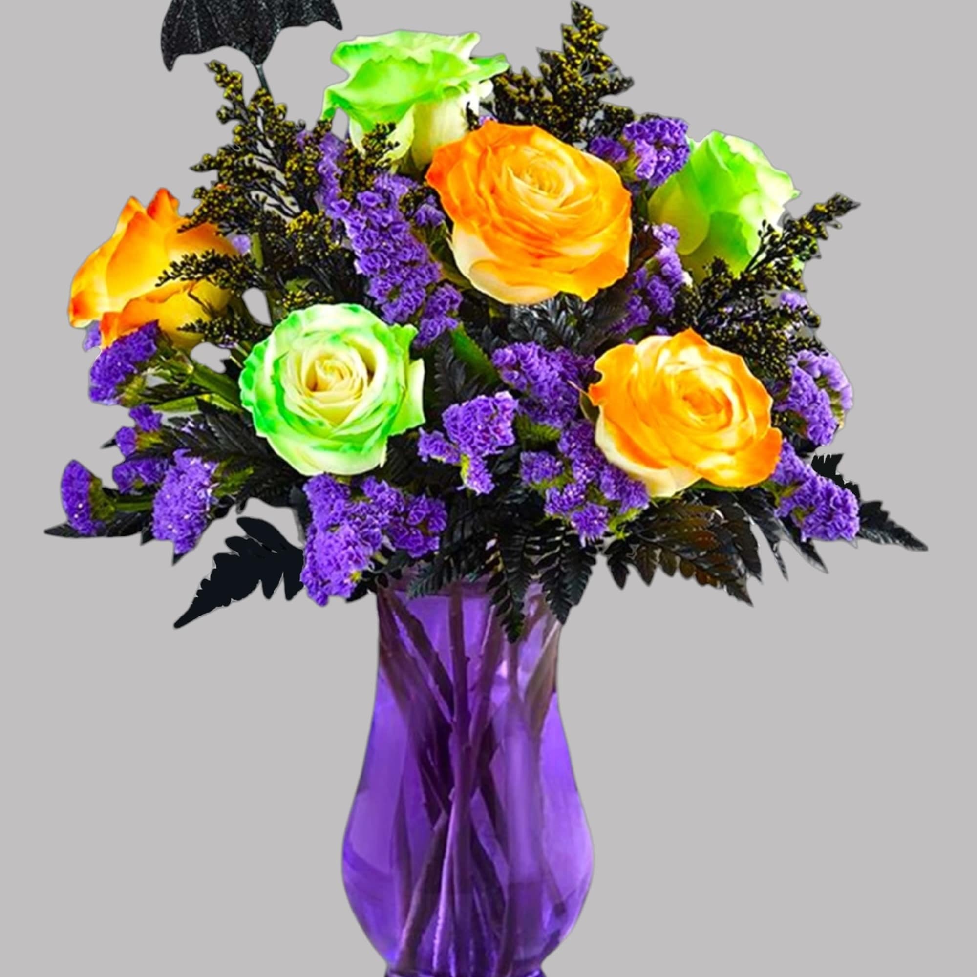 Bouquet of orange and green roses in a purple vase, photo 5 of 5