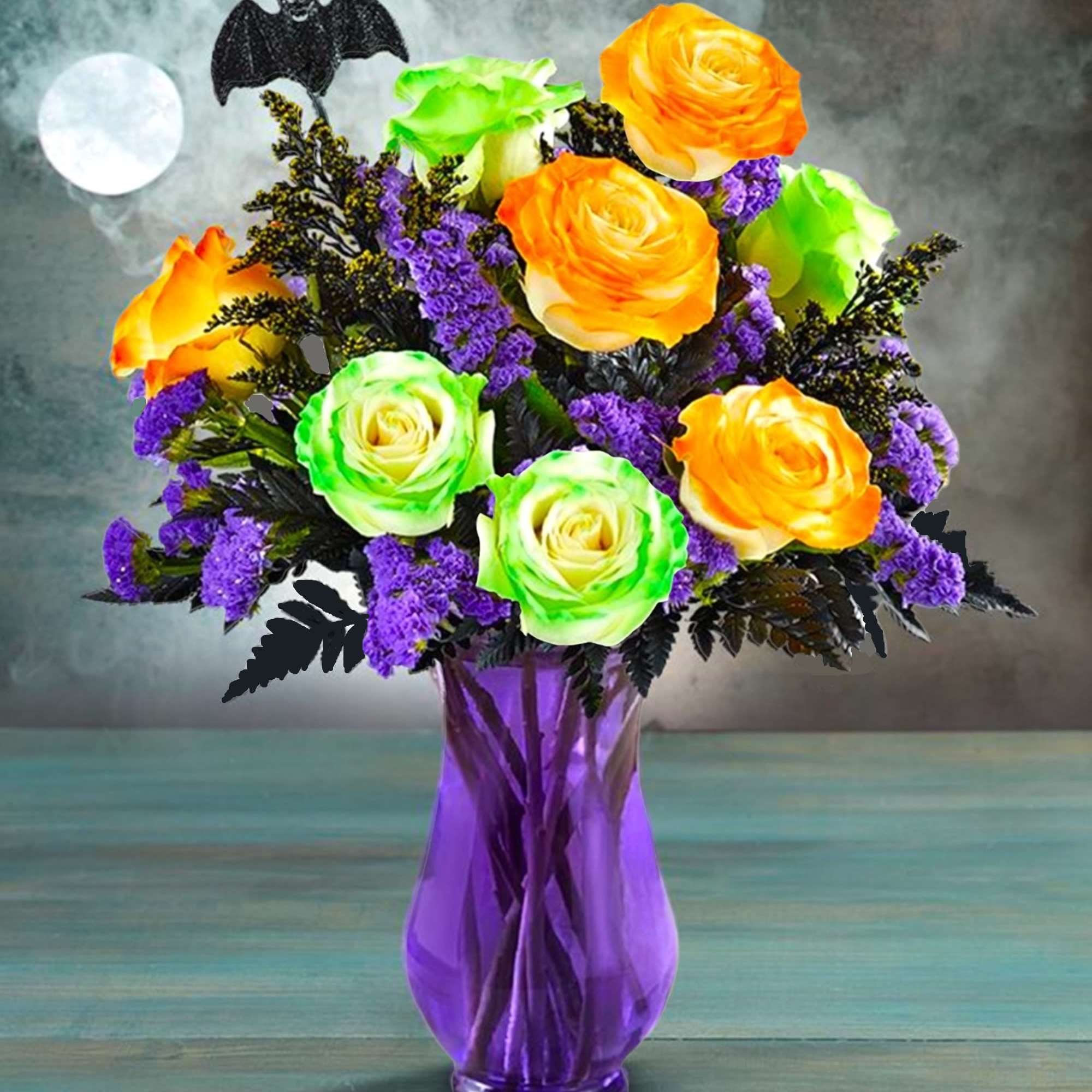 Bouquet of orange and green roses in a purple vase, photo 2 of 5