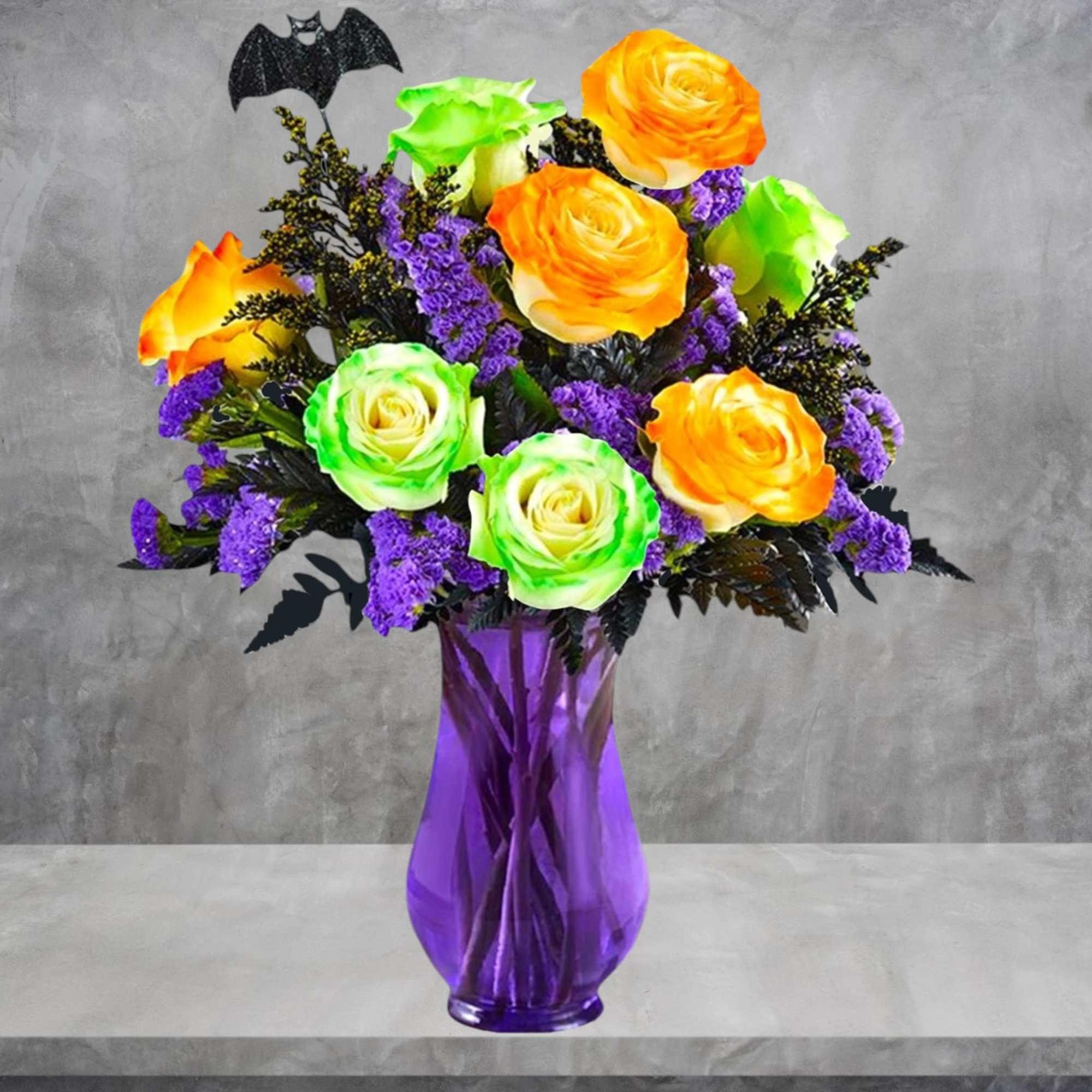 Bouquet of orange and green roses in a purple vase, photo 3 of 5