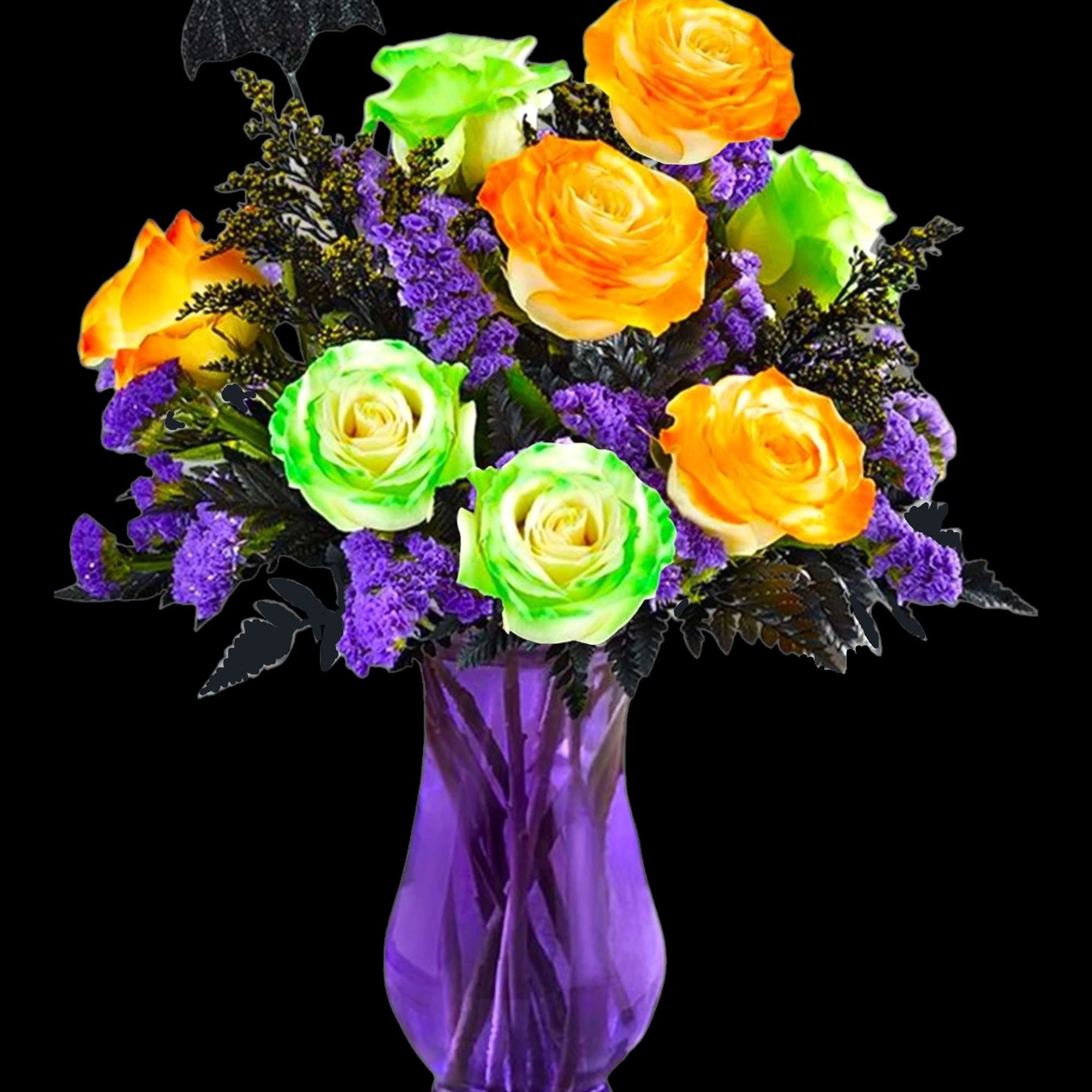 Orange and green roses in a purple vase with a bat decoration
