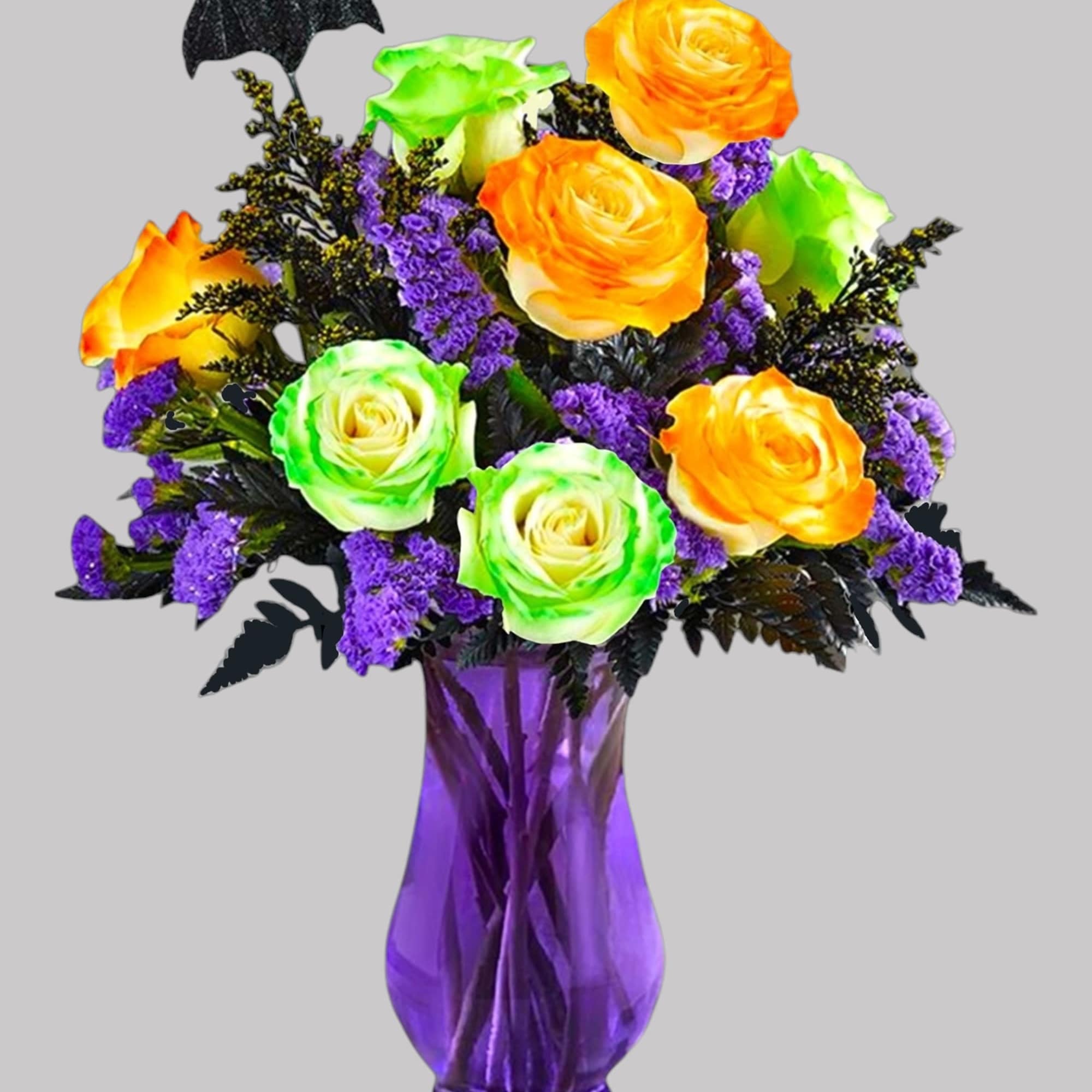 Bouquet of orange and green roses in a purple vase, photo 5 of 5