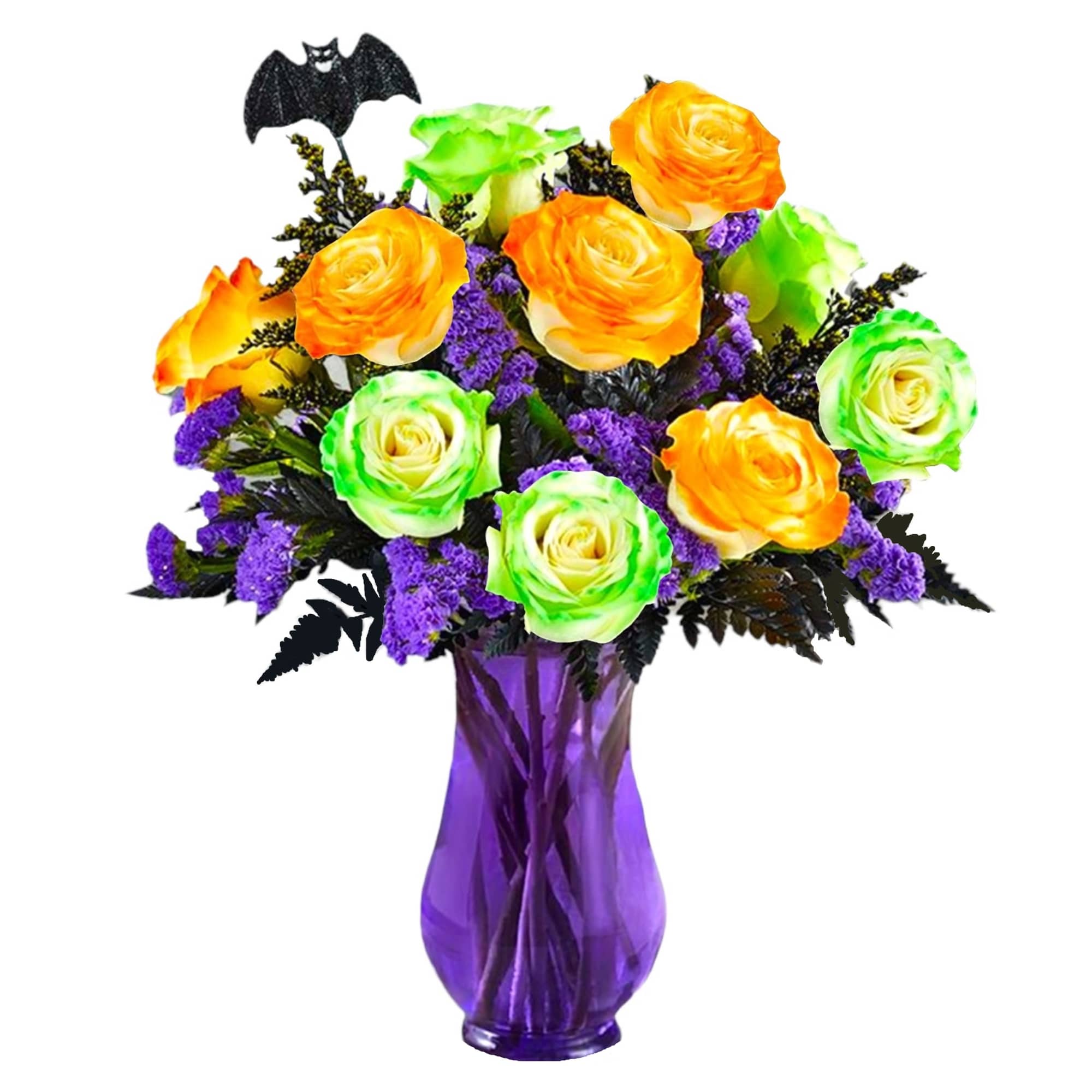 Bouquet of orange and green roses in a purple vase with a bat decoration