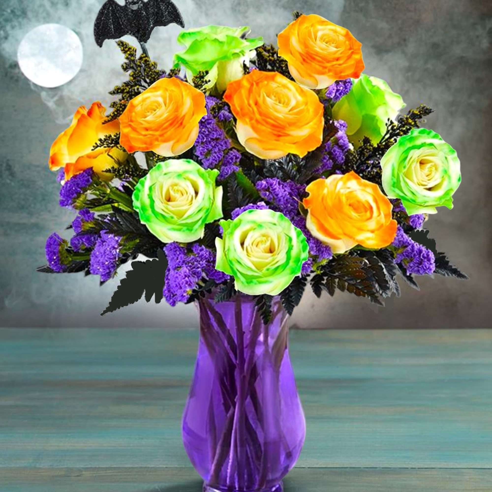 Bouquet of orange and green roses in a purple vase, photo 2 of 5