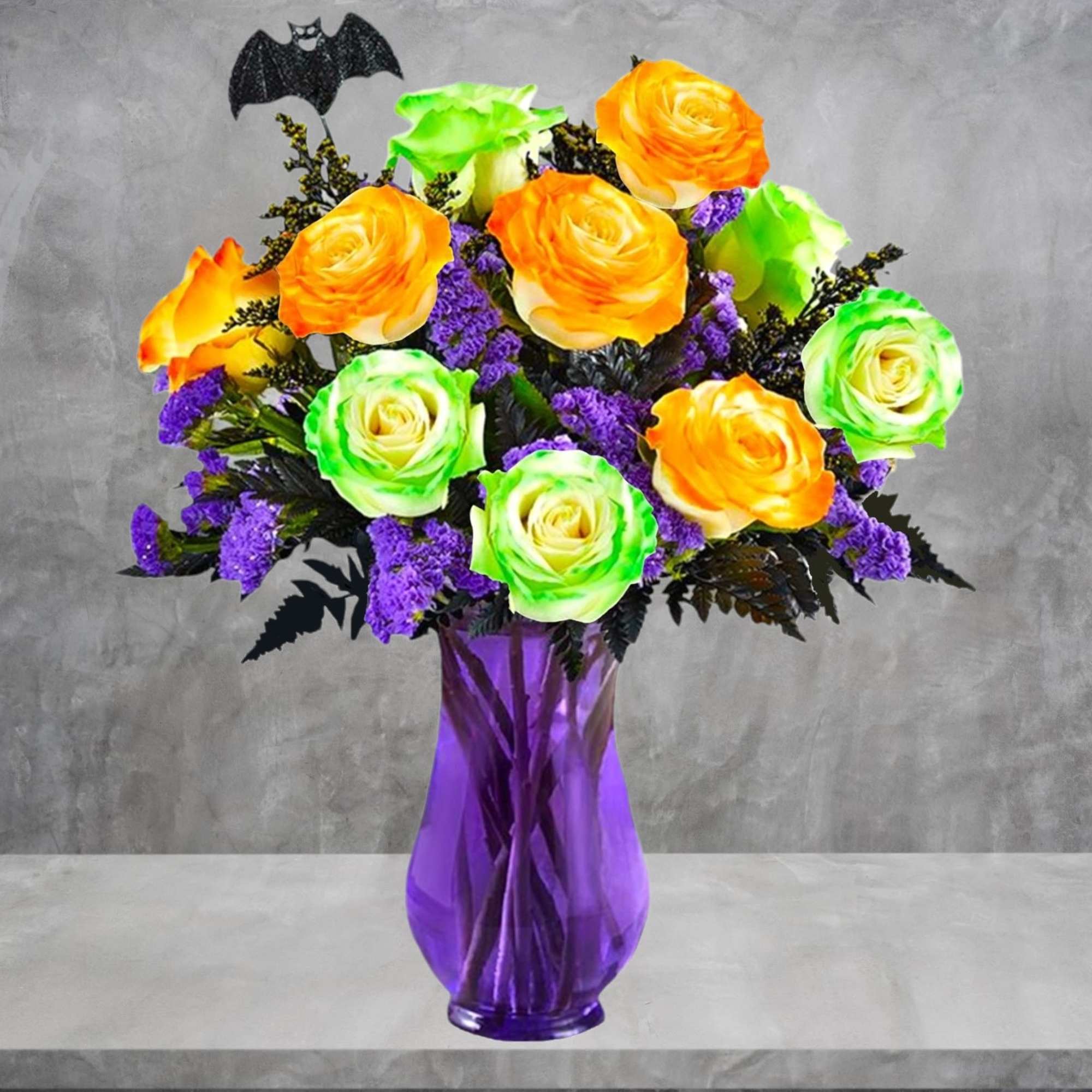 Bouquet of orange and green roses in a purple vase, photo 3 of 5