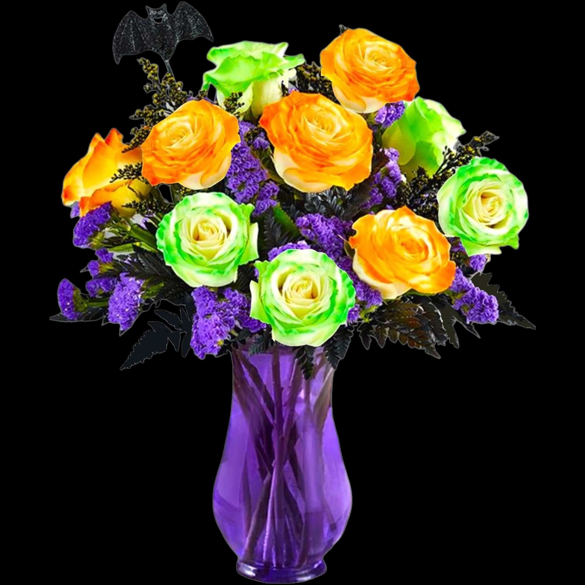 Bouquet of orange and green roses in a purple vase, photo 4 of 5