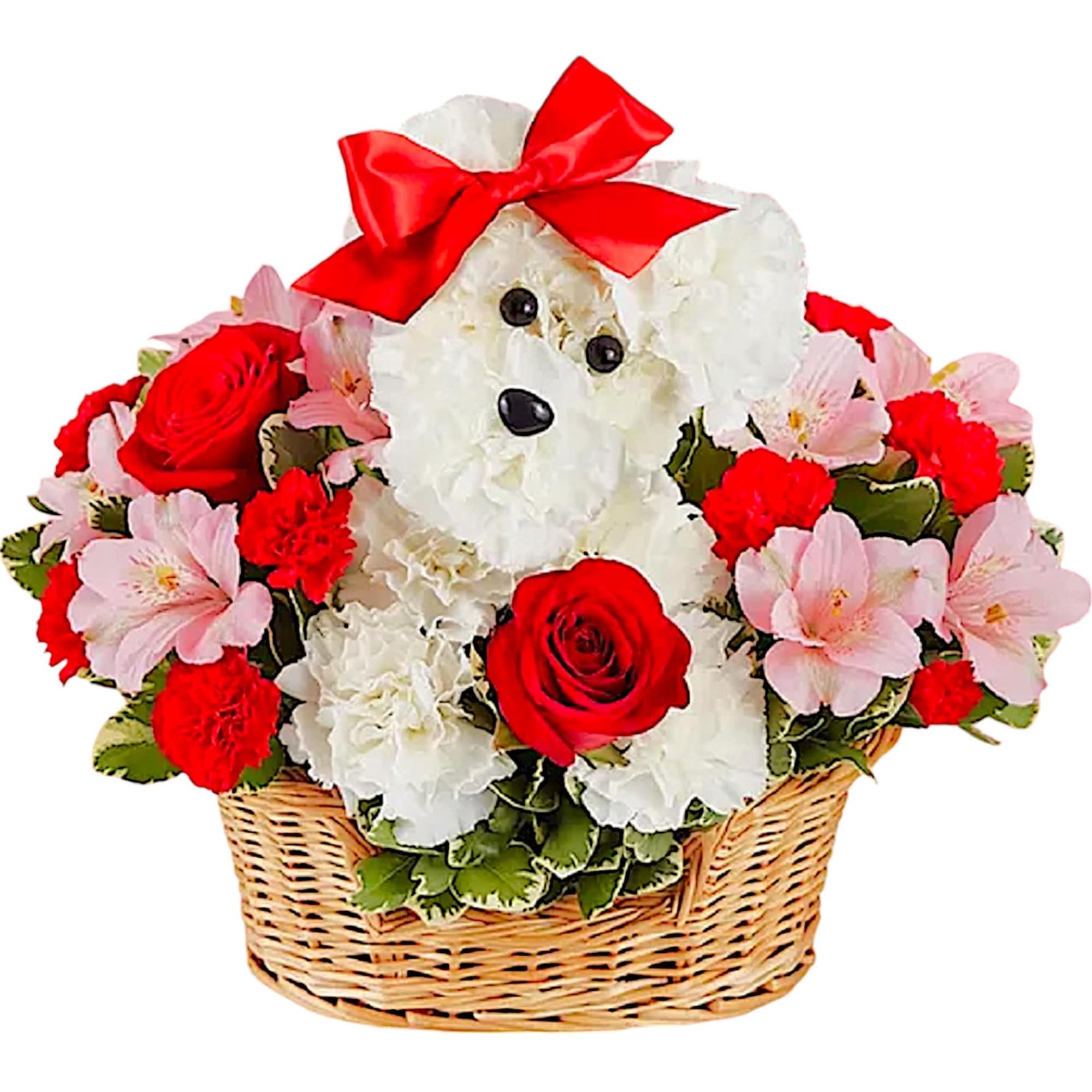 Talk about puppy love! Crafted from lasting white carnations, our canine cutie