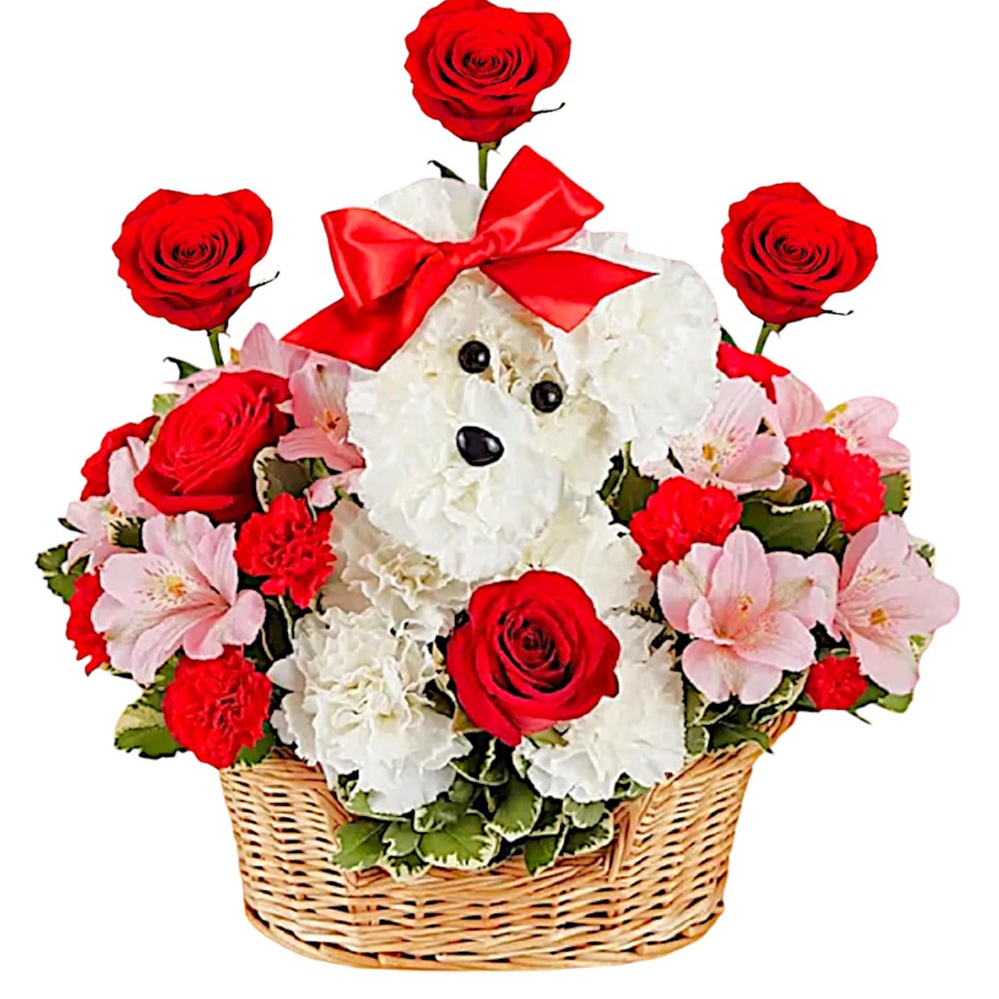 Basket arrangement with a teddy bear, red roses, and pink flowers