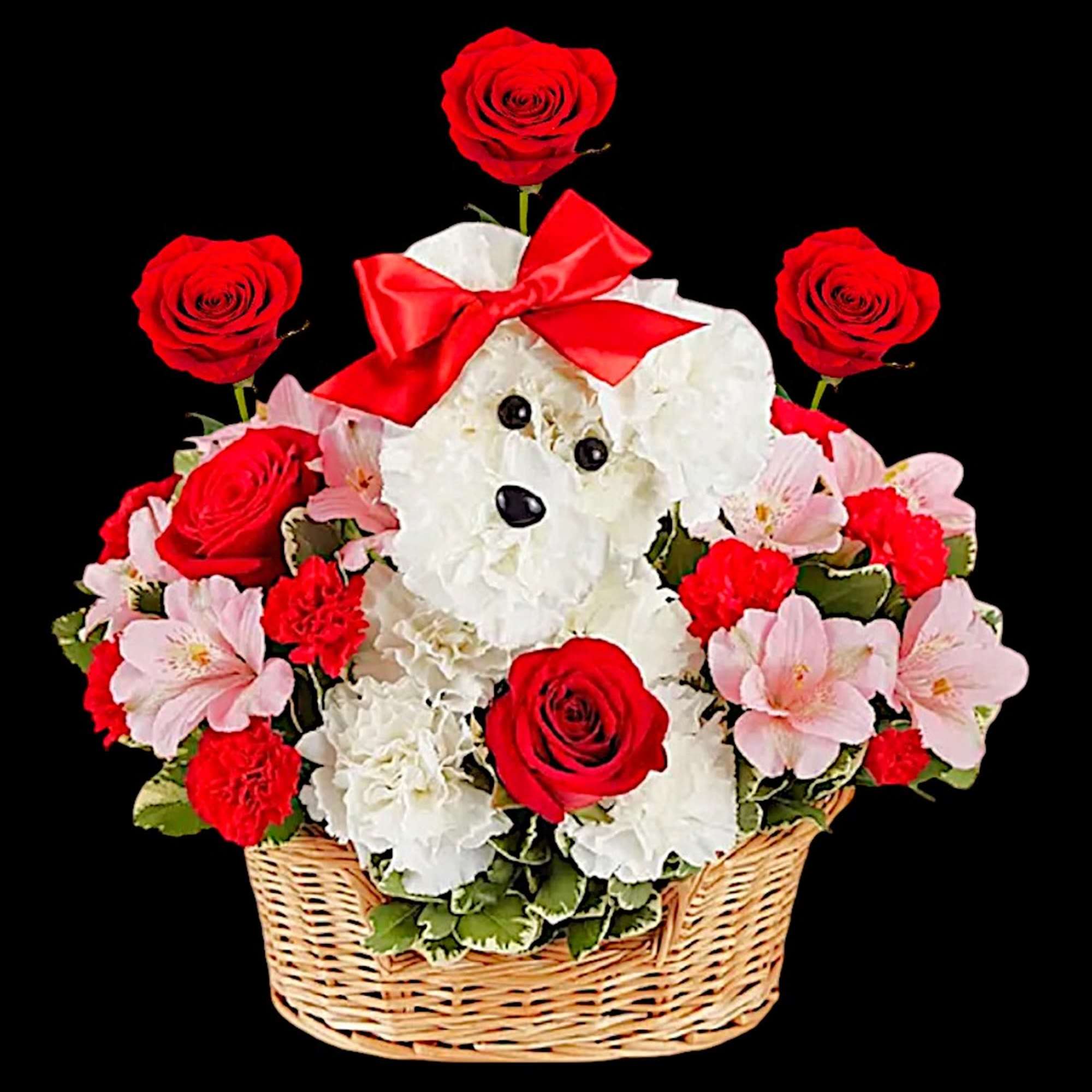 White teddy bear in a basket with red roses and pink flowers