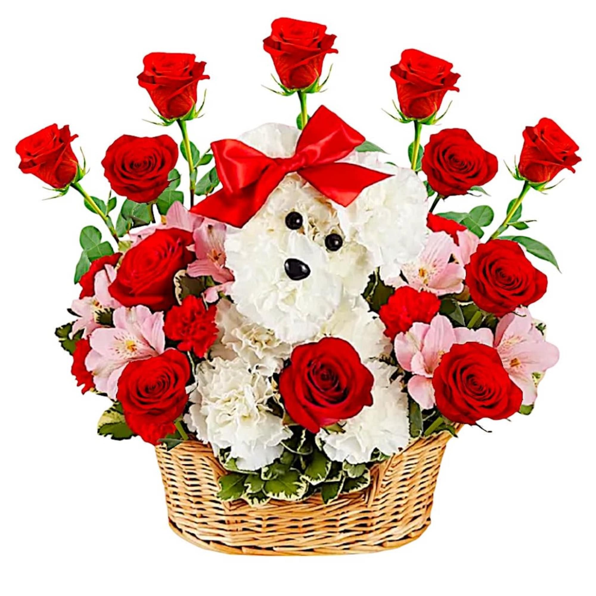 Basket arrangement with red roses, white flowers, and a white dog centerpiece