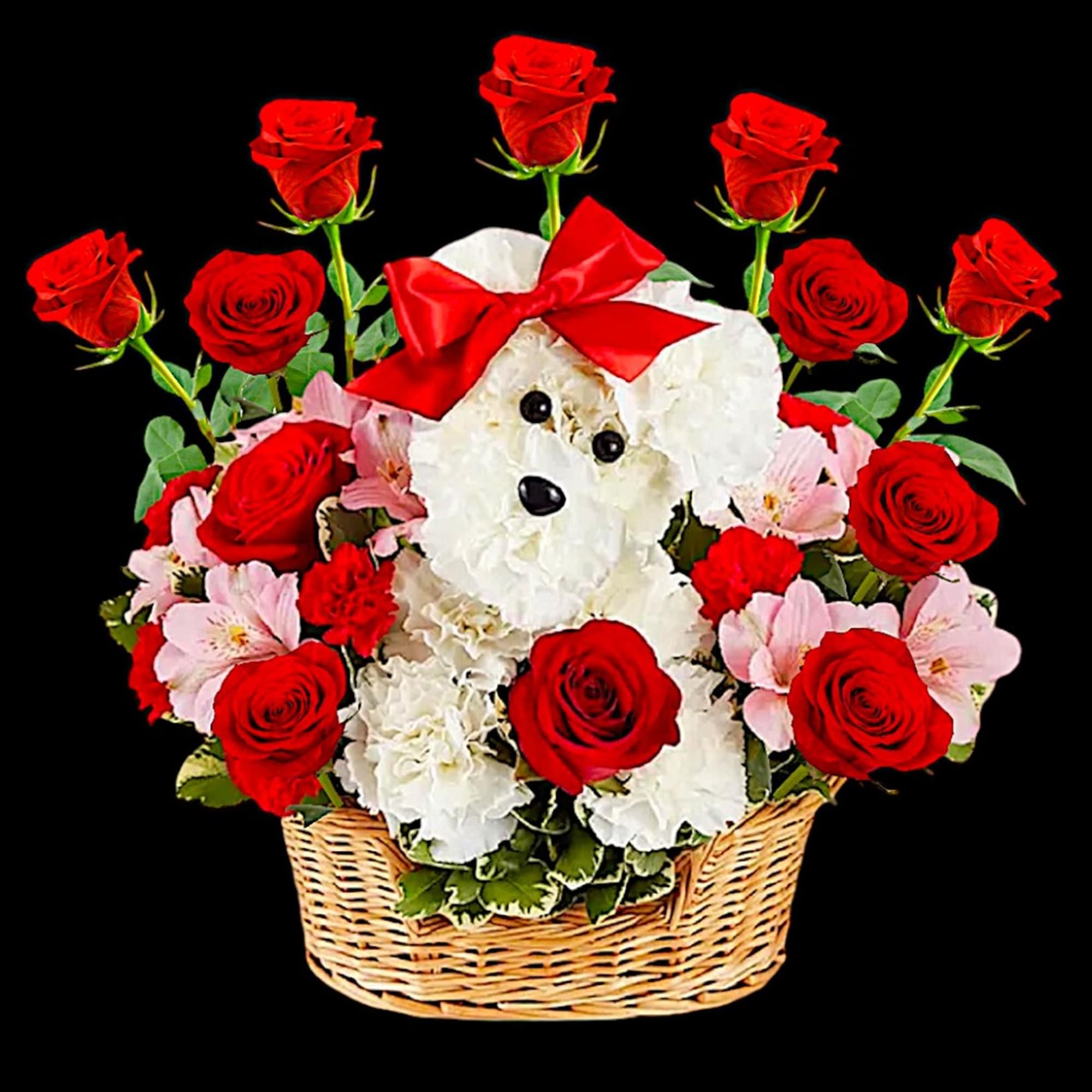 White teddy bear in a basket surrounded by red roses and pink flowers