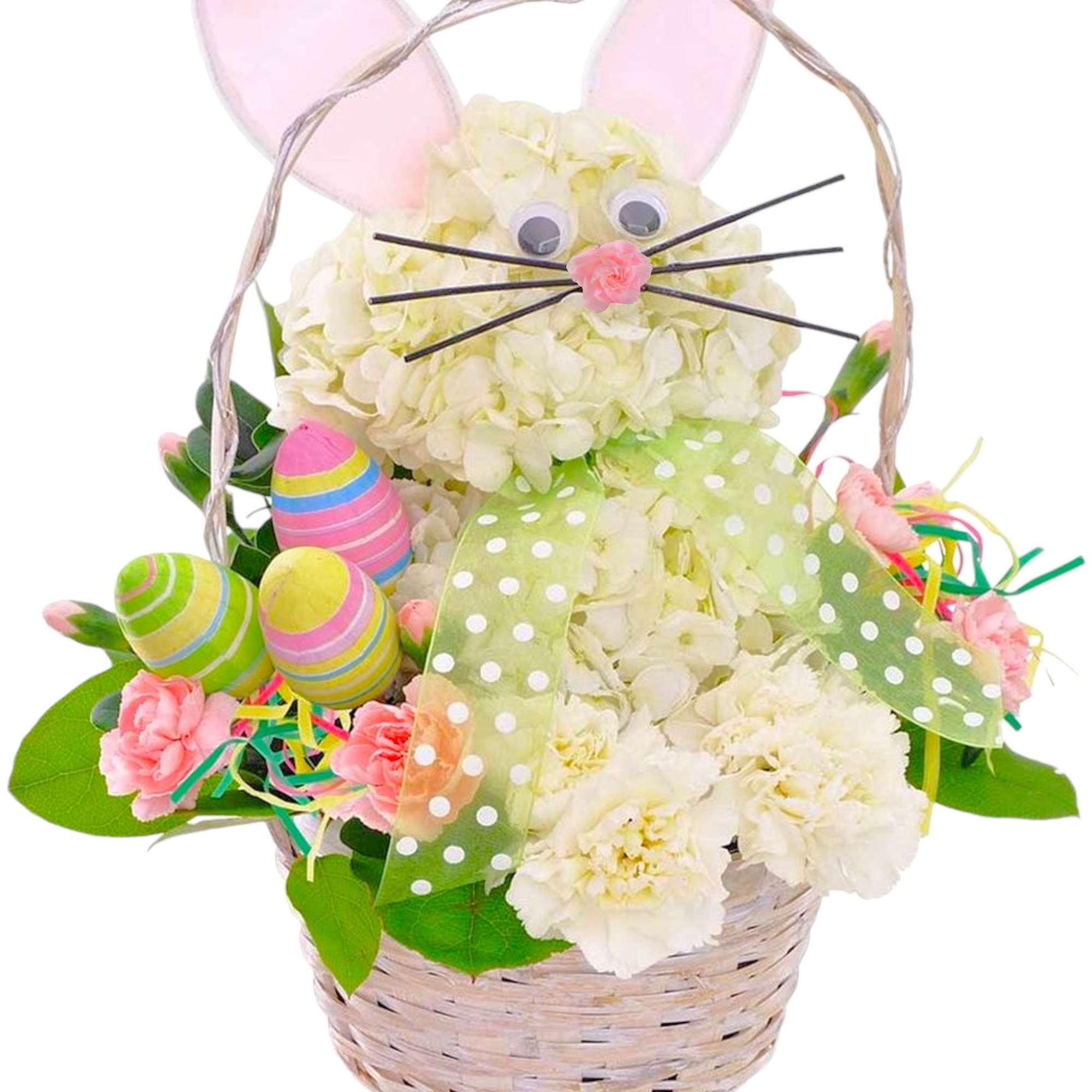 This Easter Bunny arrangement with colorful decorative eggs. Easter Bunny is wearing