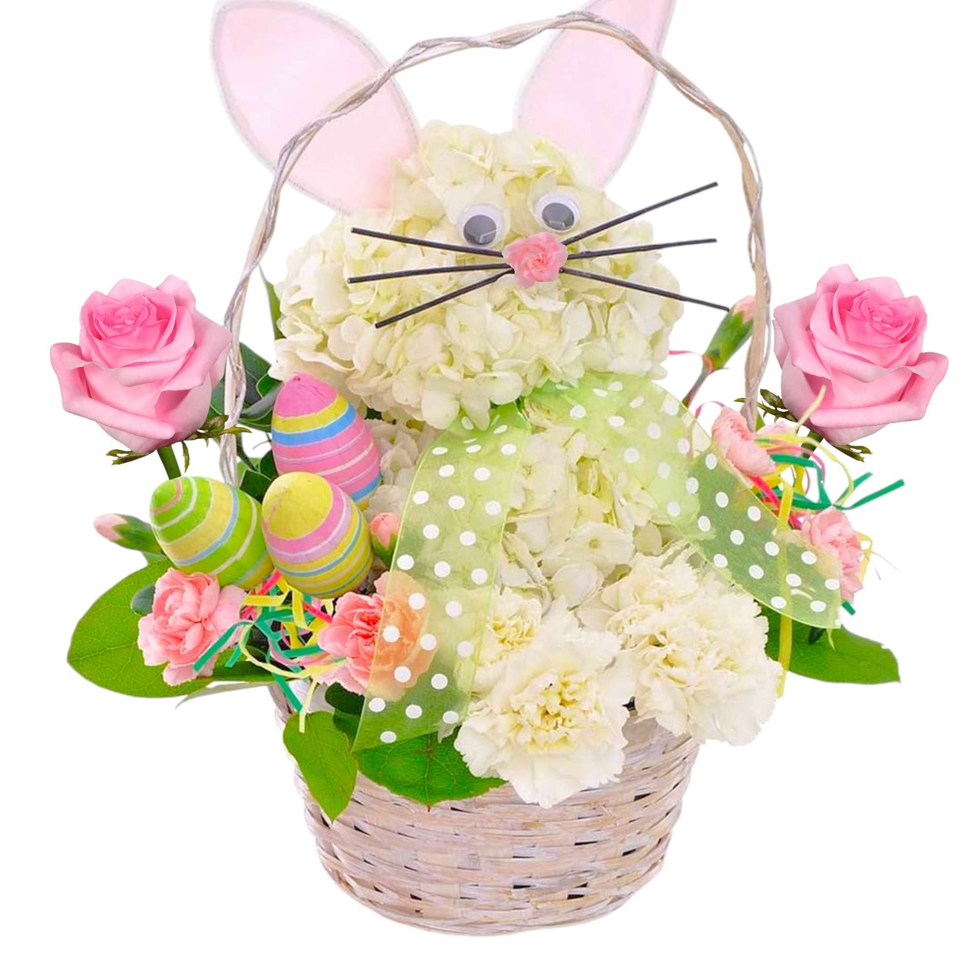 This Easter Bunny arrangement with colorful decorative eggs. Easter Bunny is wearing