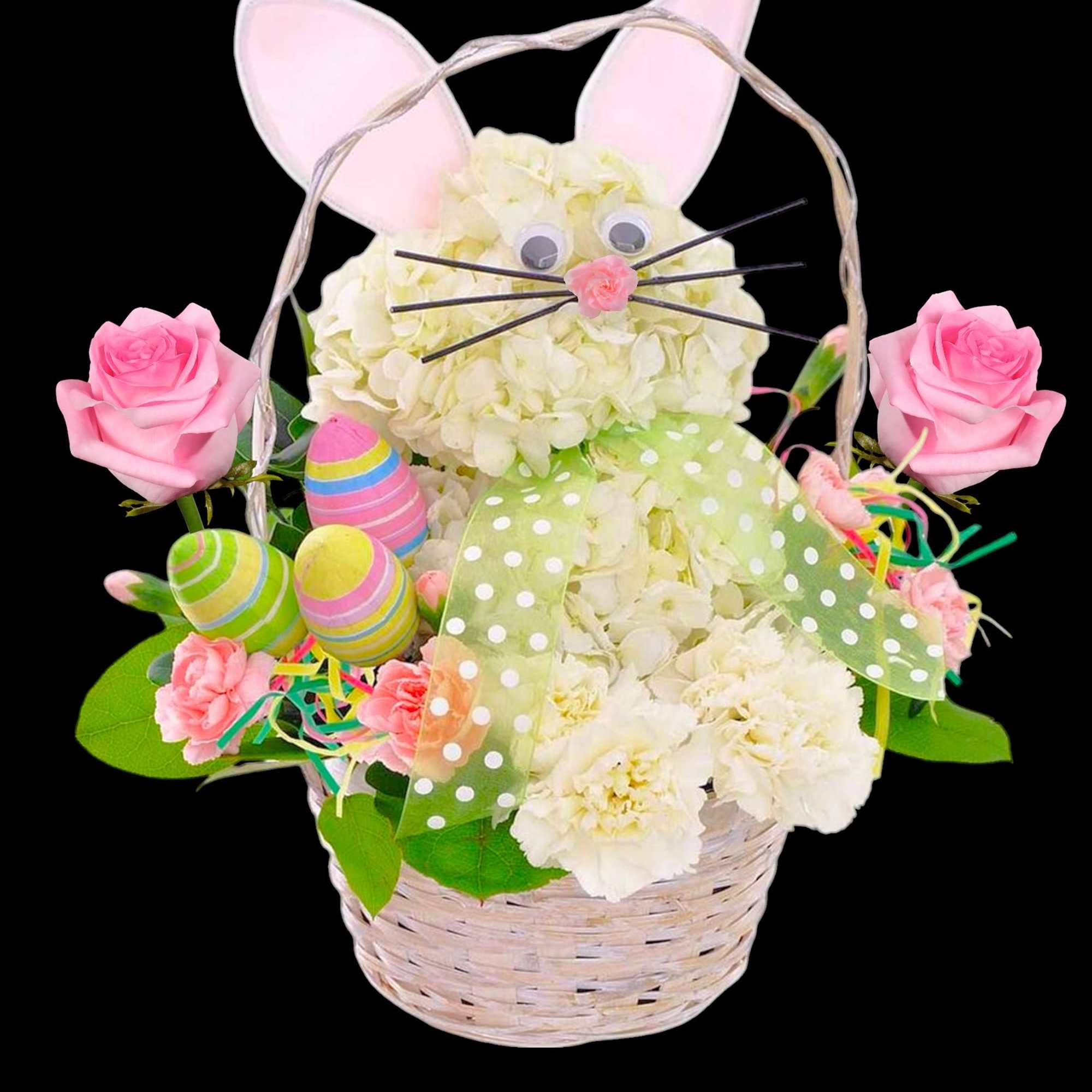 Easter basket arrangement with a bunny face, pink roses, and pastel eggs