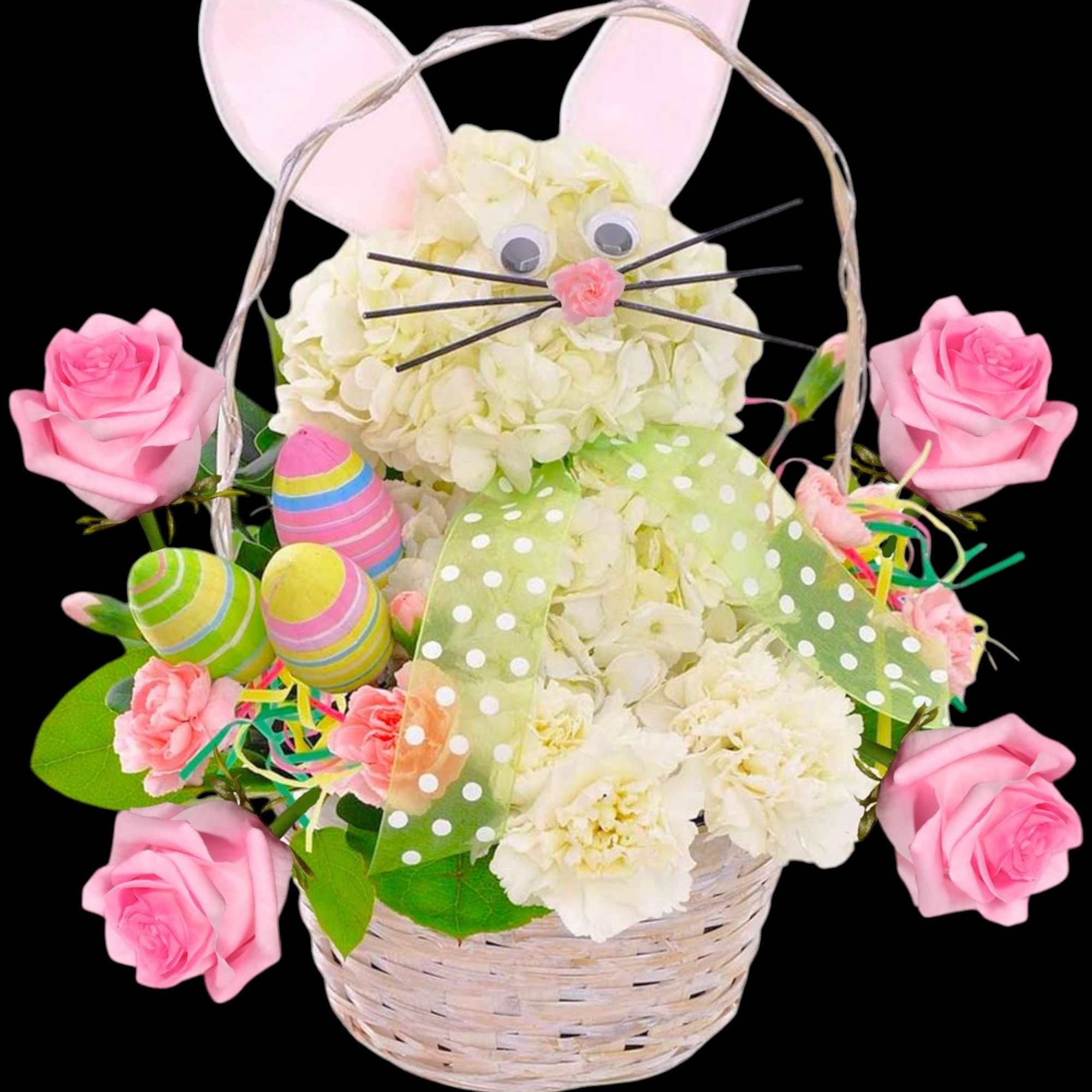 Basket arrangement with pink roses and white flowers styled as a bunny