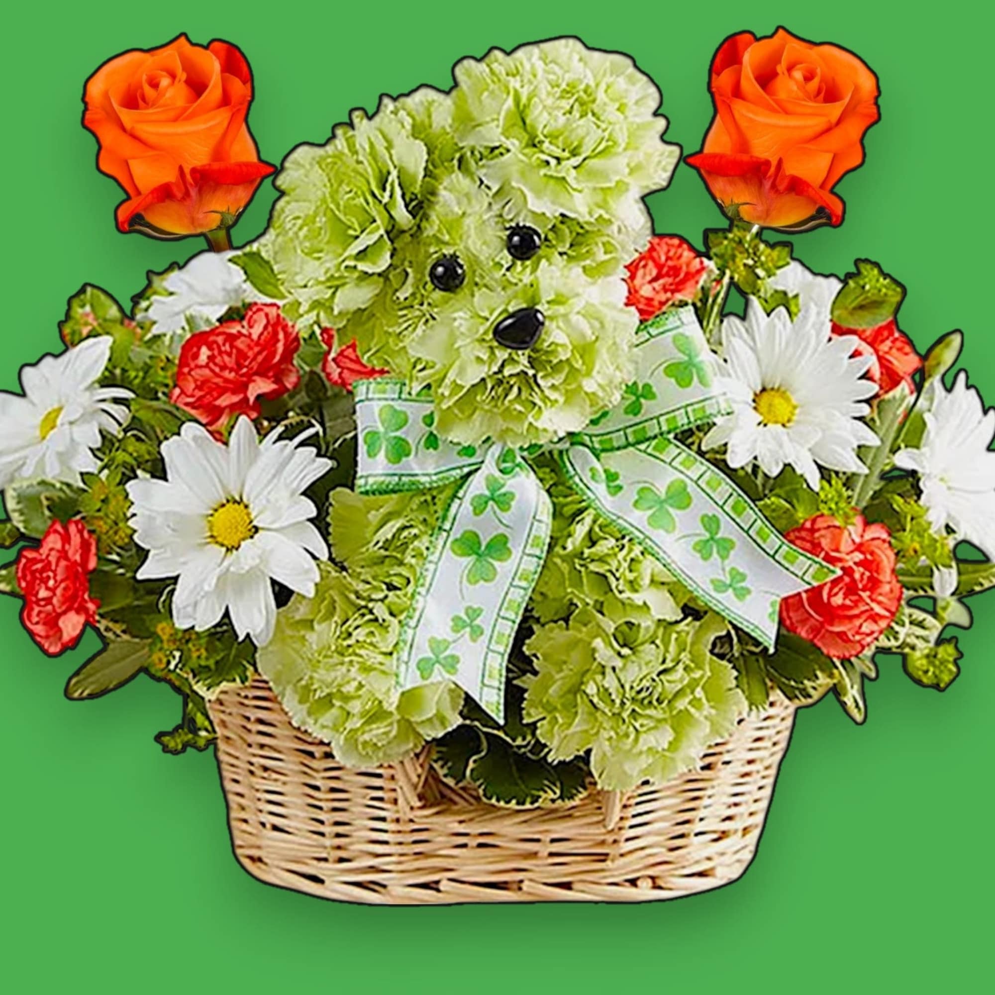 Basket arrangement with a teddy bear, roses, daisies, and carnations