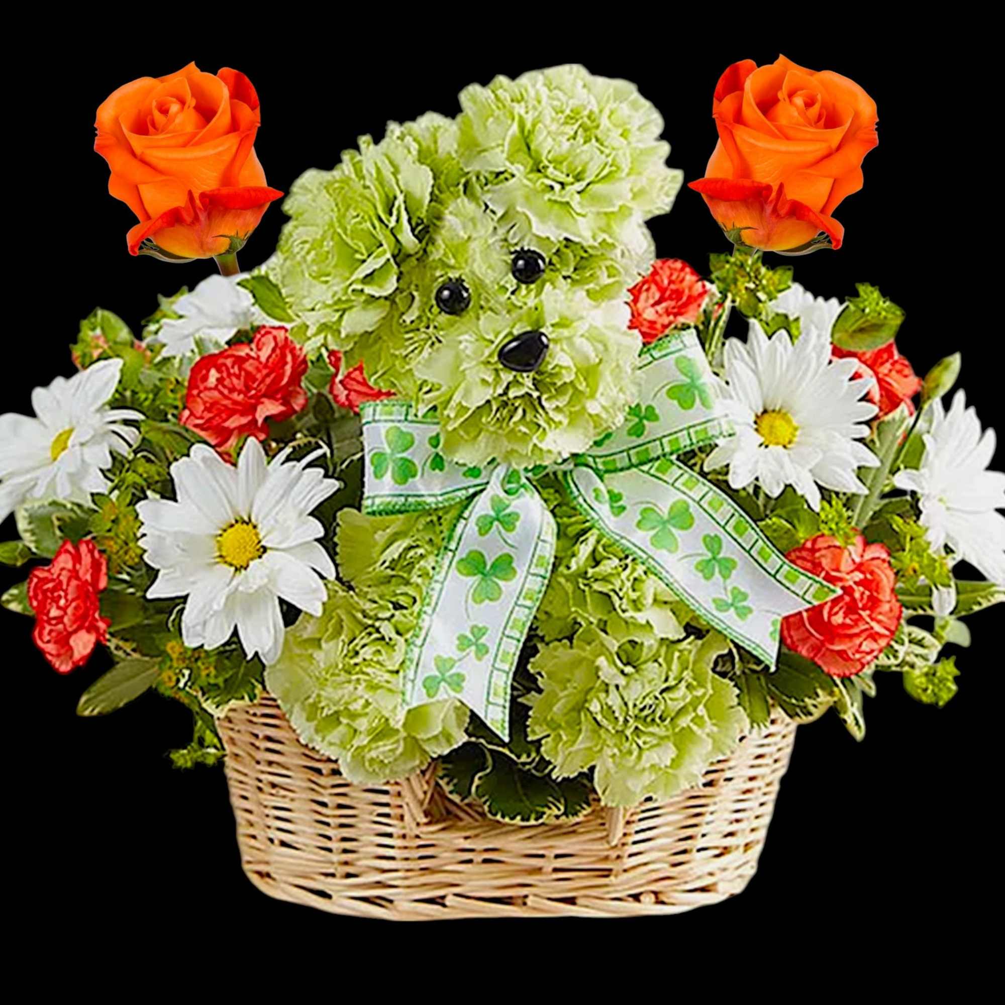 Basket arrangement with green flowers, daisies, and orange roses