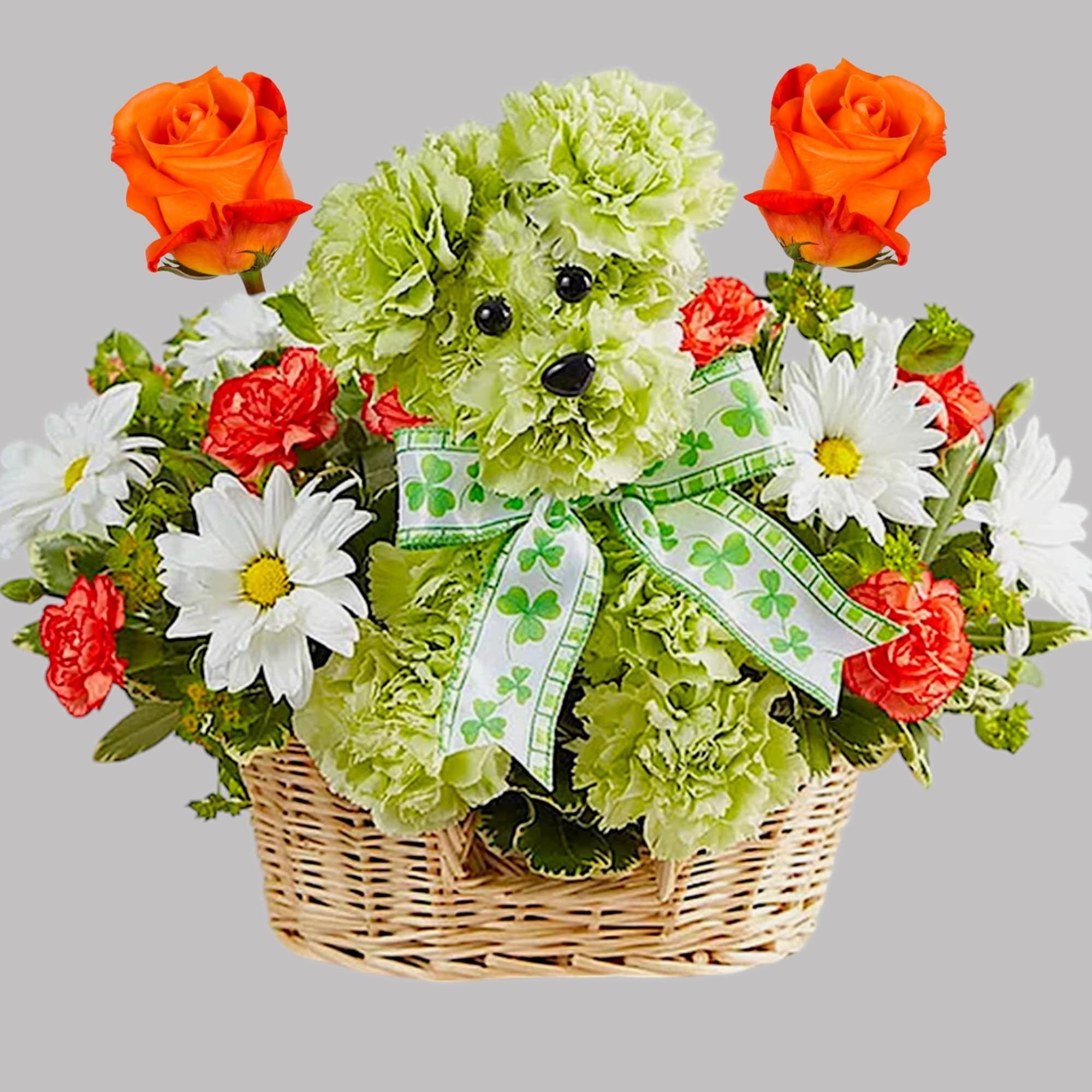Basket arrangement with orange roses, white daisies, and green carnations shaped like a dog
