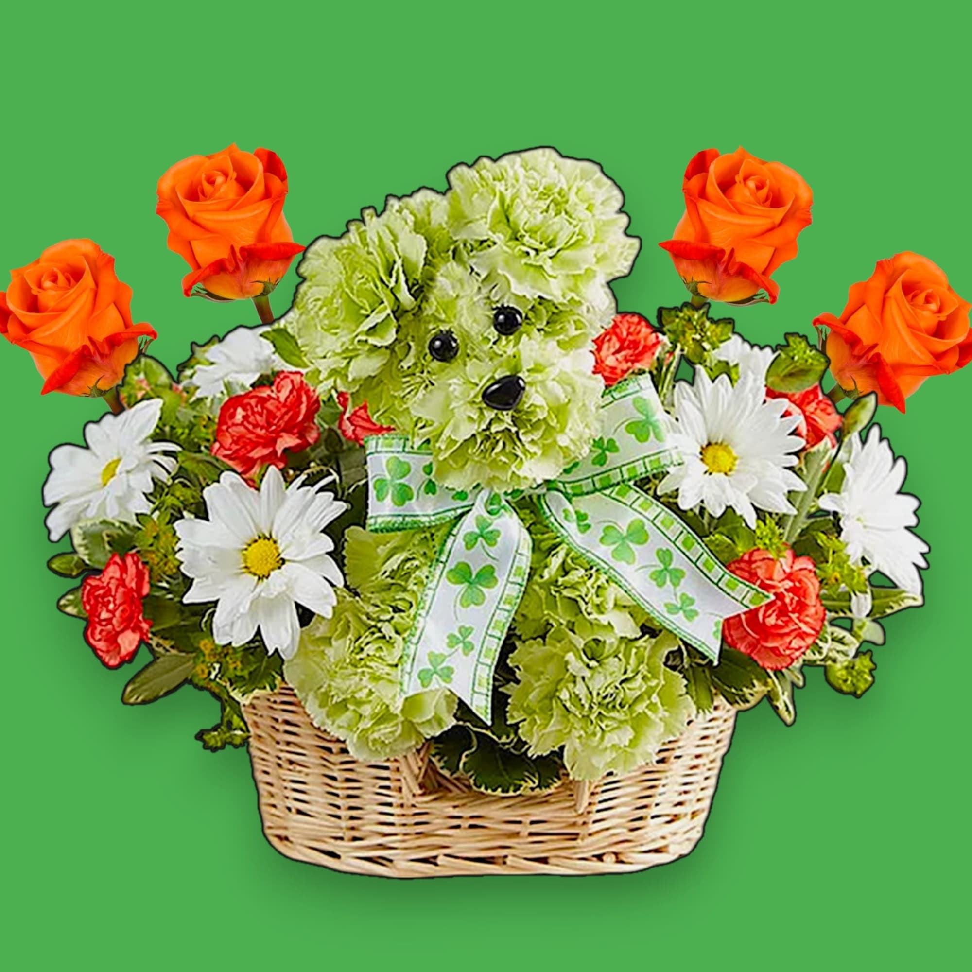 Basket arrangement with orange roses, white daisies, and a green flower dog