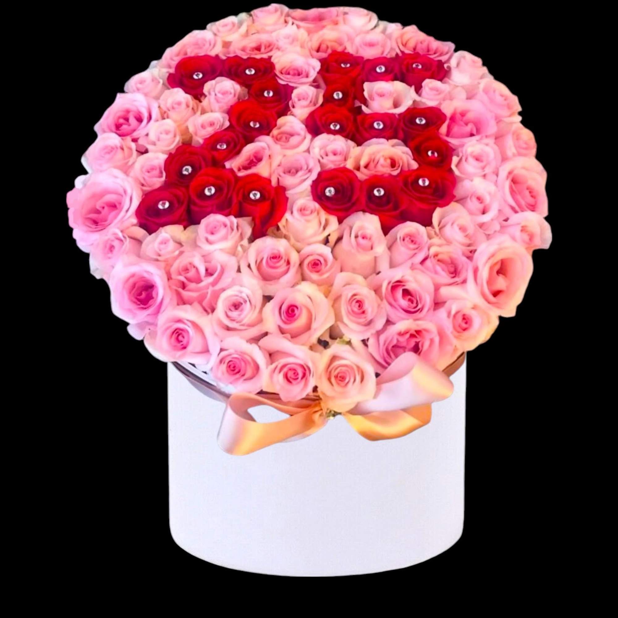 Round box of pink and red roses with a ribbon bow, photo 5 of 8