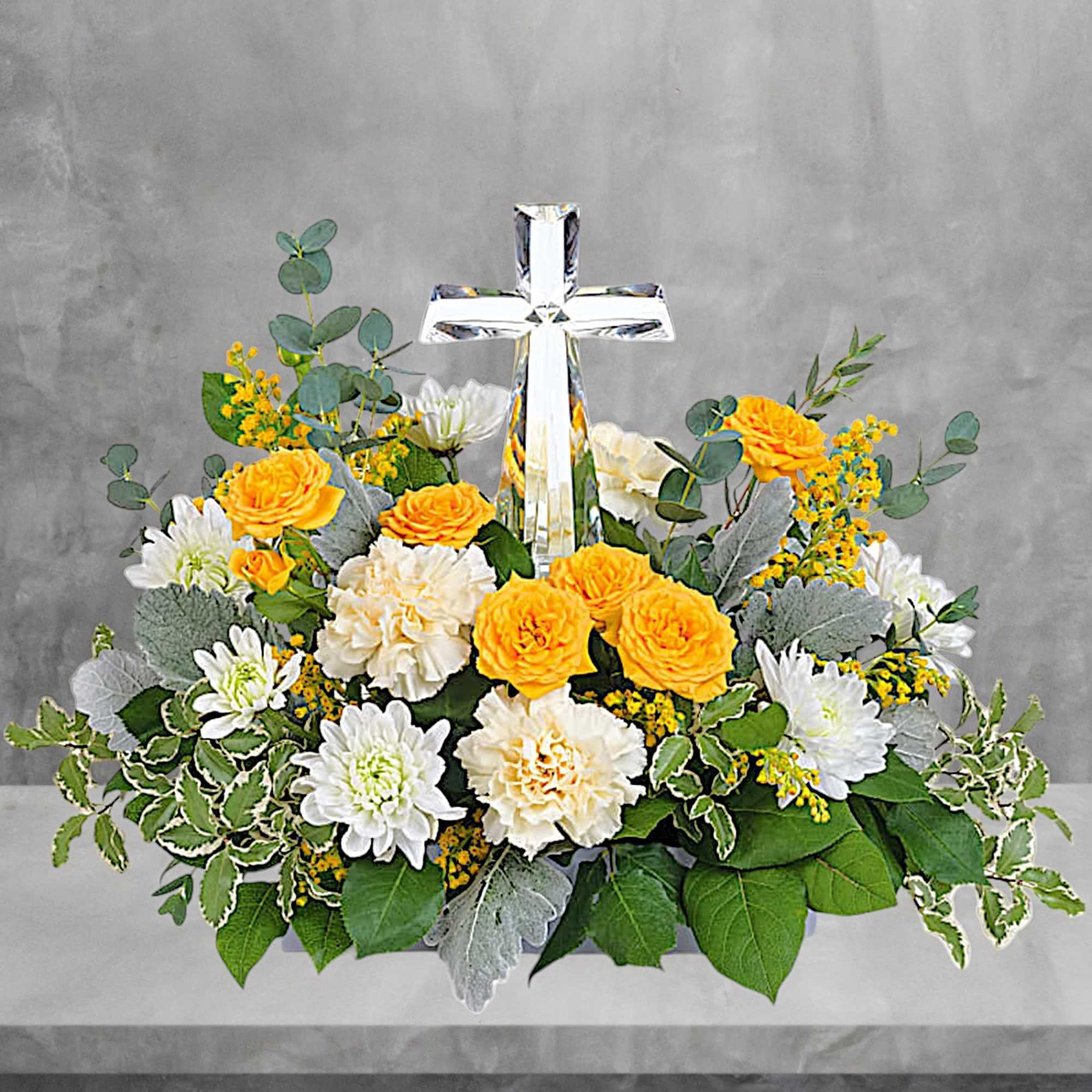 Encircling a beautiful crystal cross keepsake, this sunny bouquet of roses and, photo 2 of 4